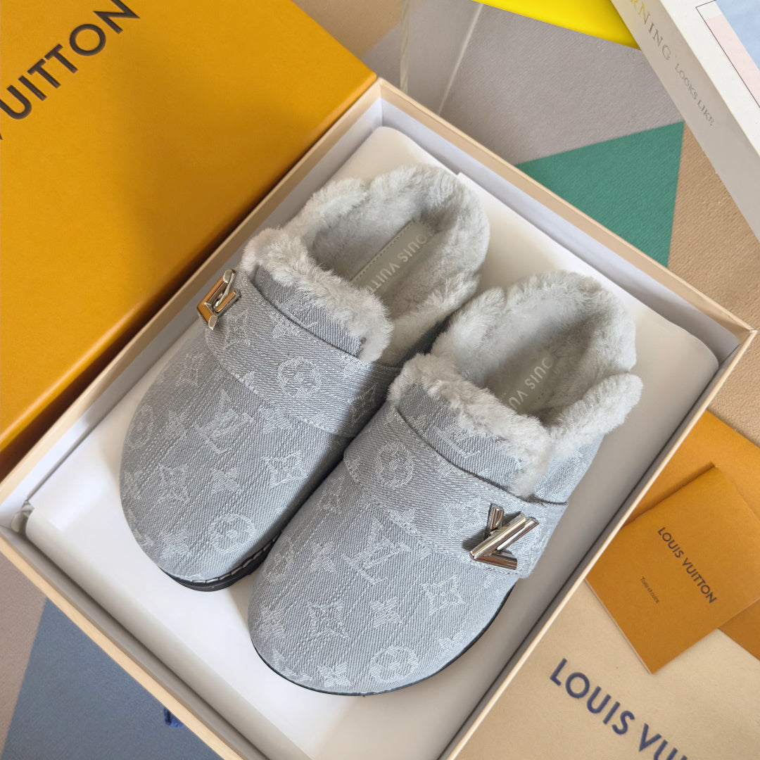 LV 25 Birkenstock Platform Slippers Light Gray Denim Wool 576221