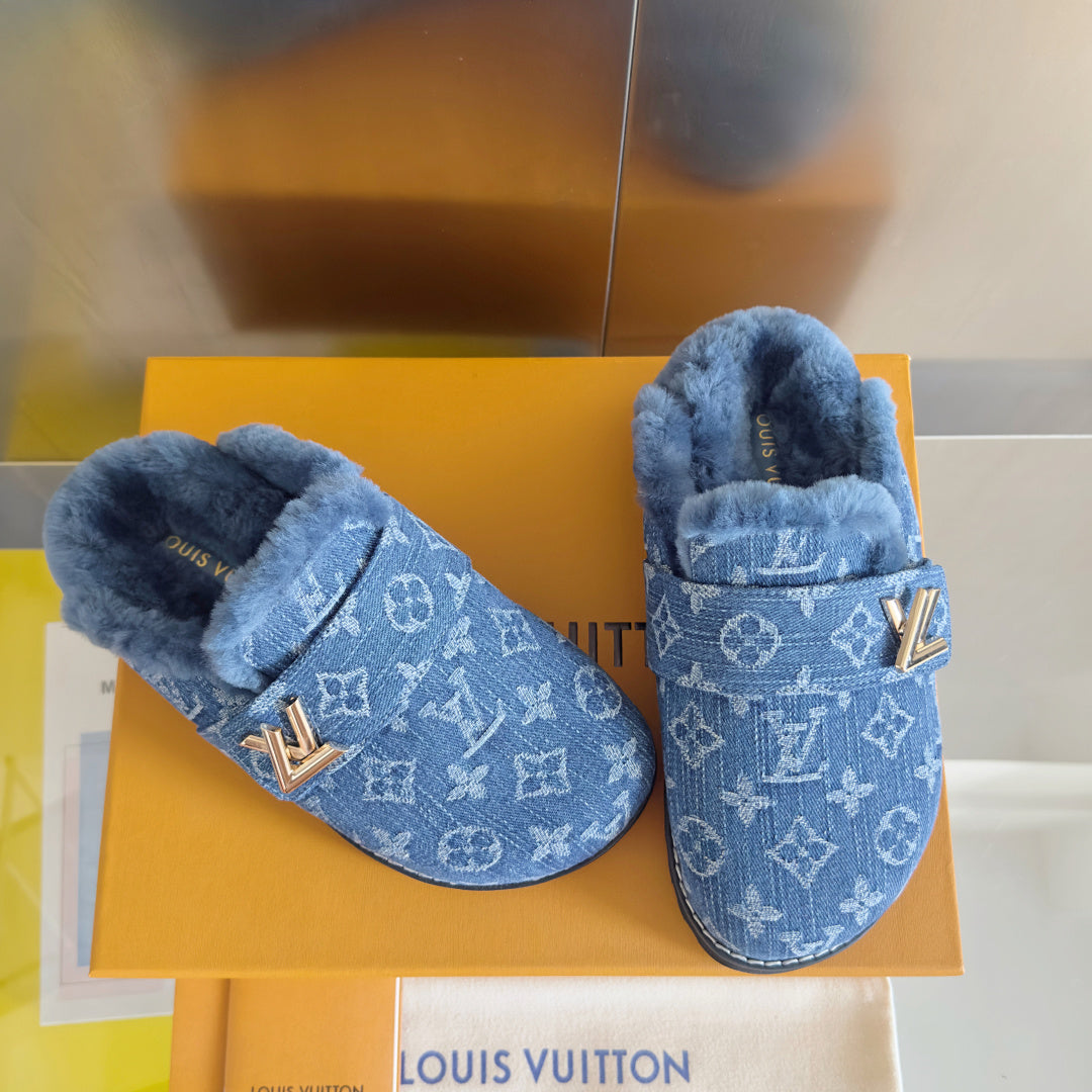 LV 25 Birkenstock Platform Slippers Blue Denim Wool 576222
