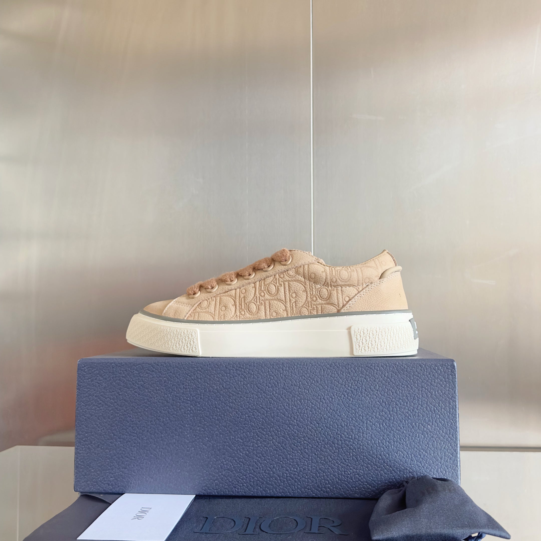 CD 26 B33 Platform Sneakers Light Brown Monogram Cowhide 609189