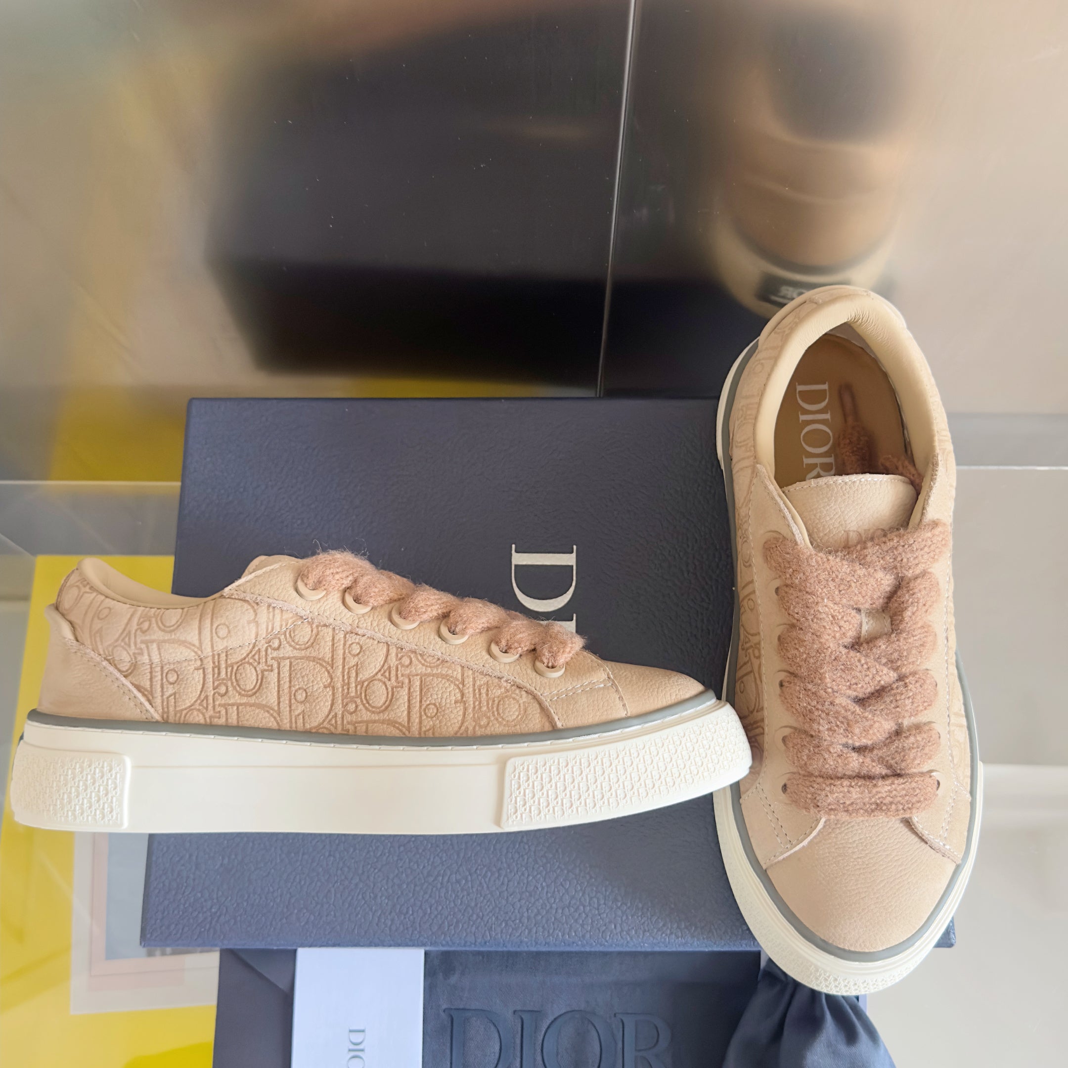 CD 26 B33 Platform Sneakers Light Brown Monogram Cowhide 609189