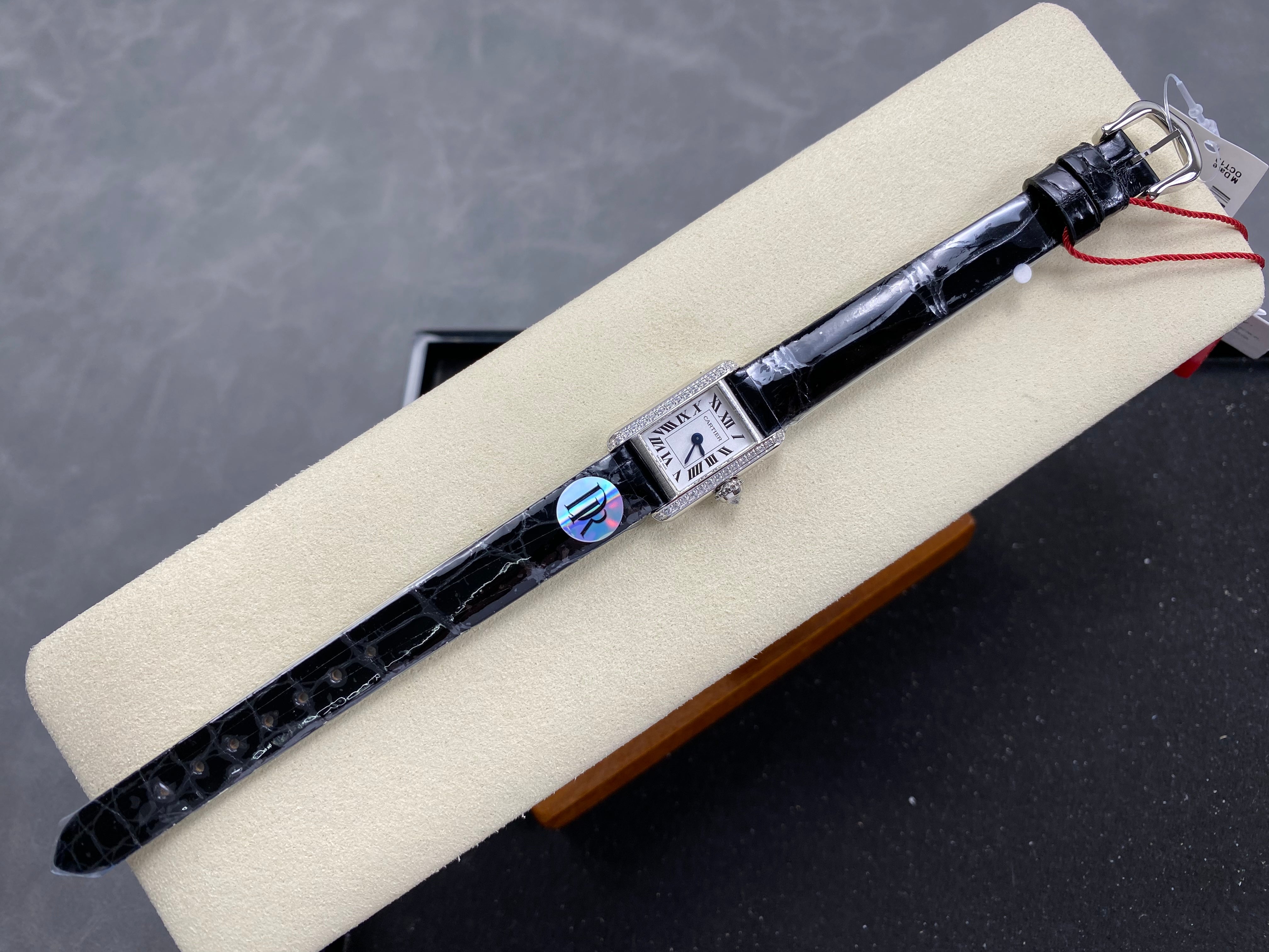 Cartier Tank 24mm White Dial Sliver Case Diamond Bezel Leather