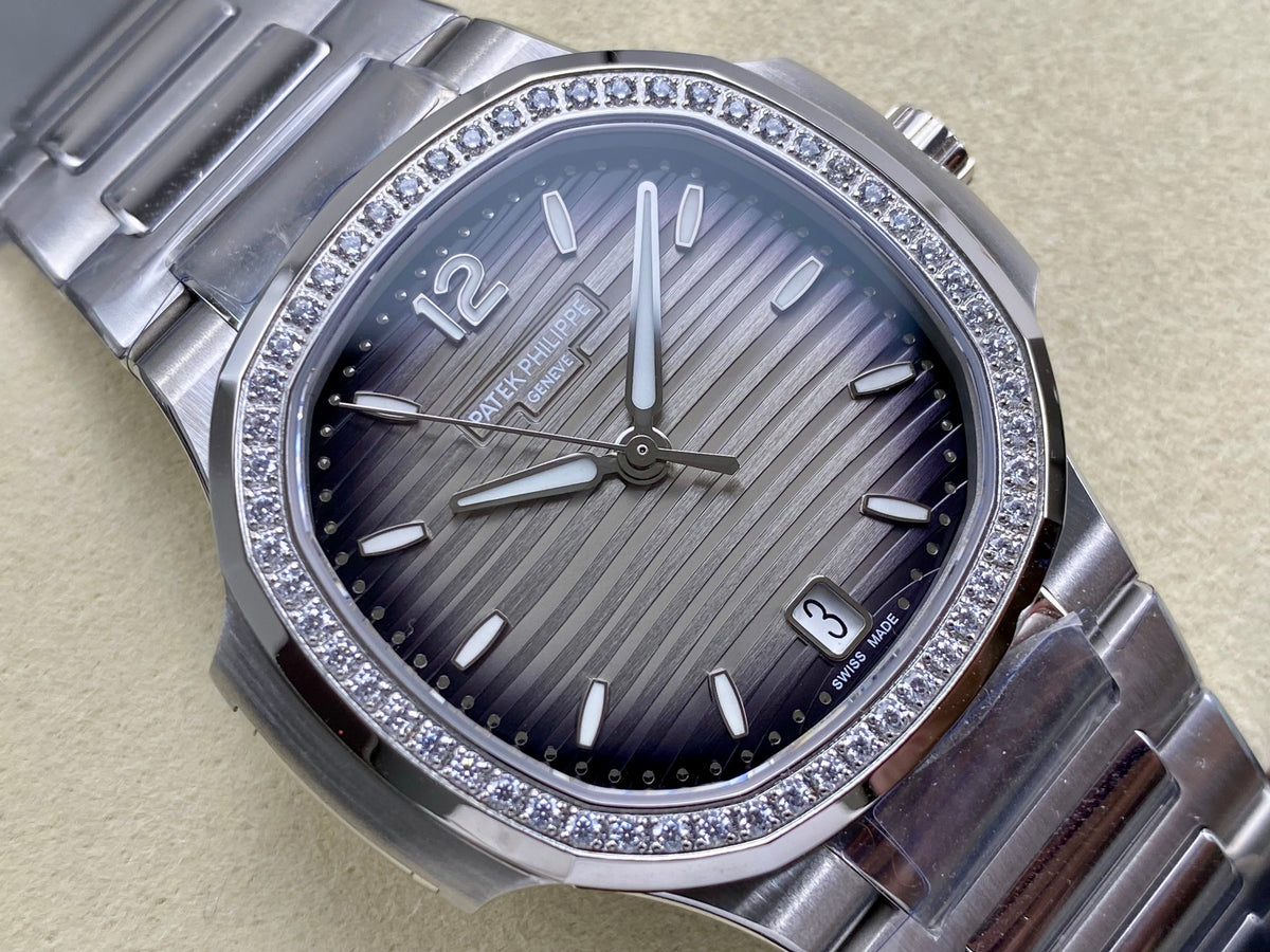 Patek Philippe Nautilus 35mm Black Gray Dial Sliver Case Diamond Bezel