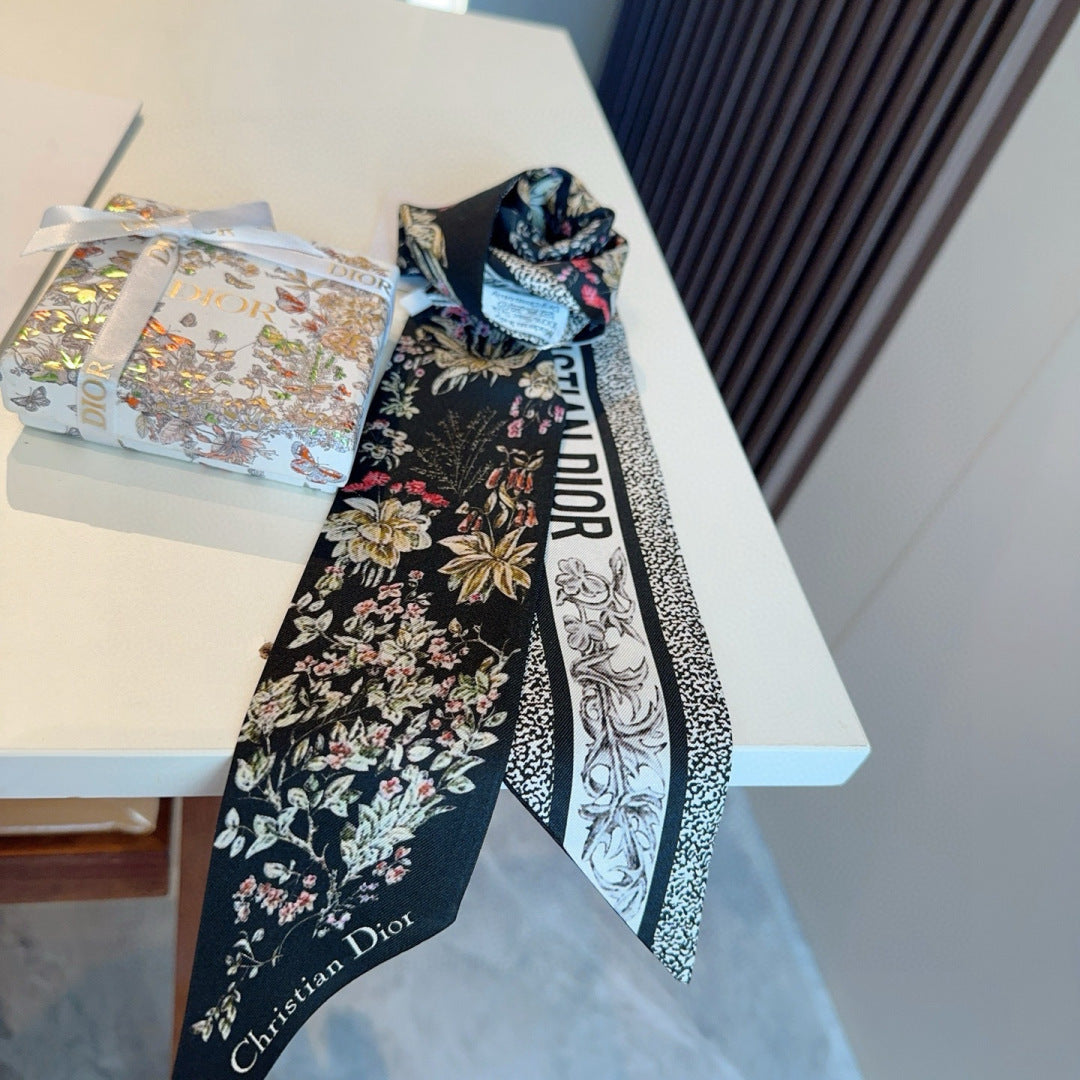CD Twilly Mini Scarf 105cm Black Colorful Mulberry Silk 914497