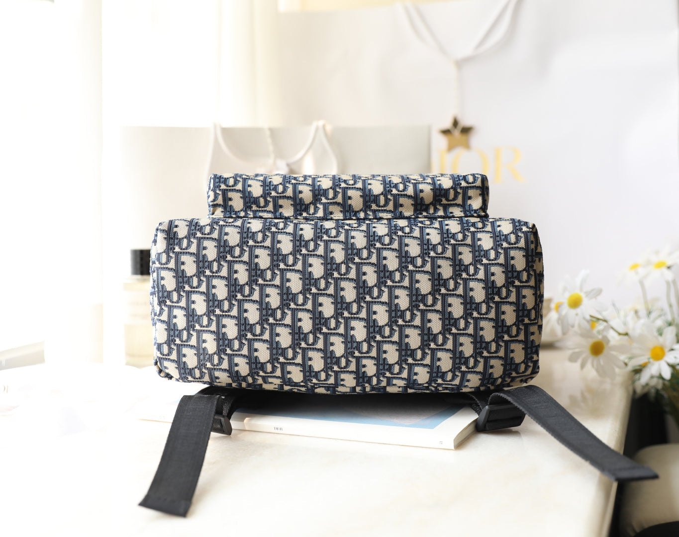 CD Monogram Backpack Blue Beige Canvas