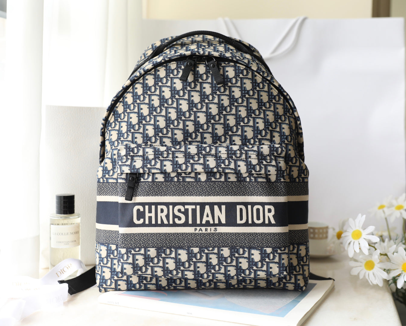 CD Monogram Backpack Blue Beige Canvas