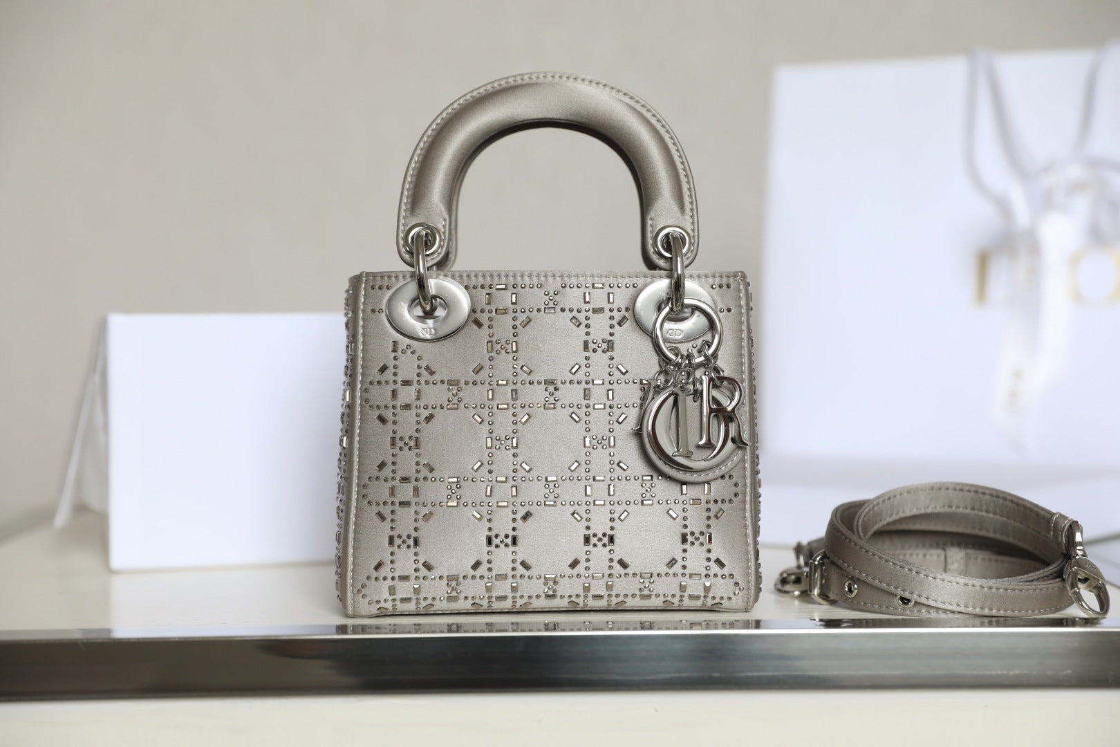 CD Lady Dior Mini Diamond Bag Gray Satin