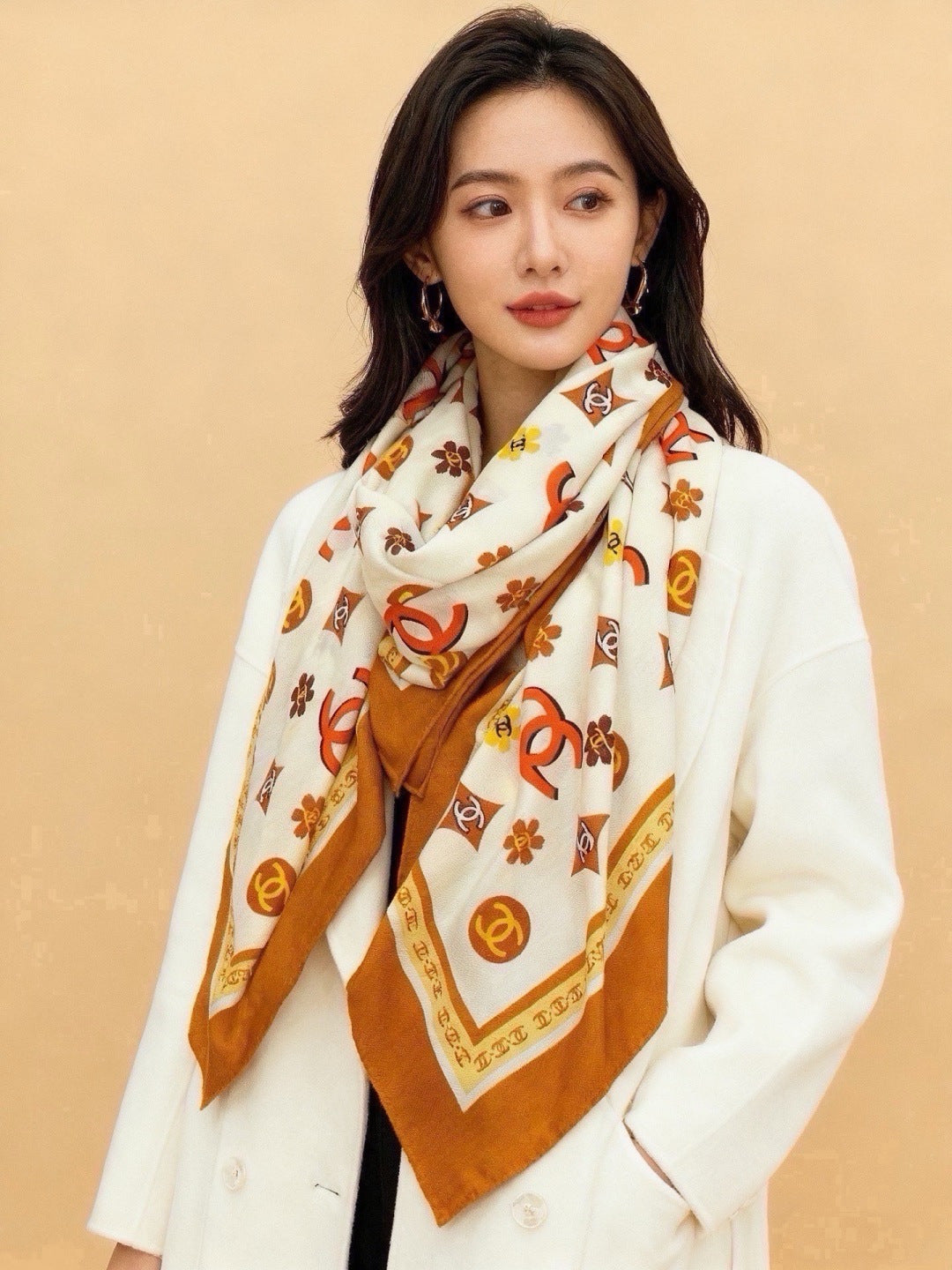 Chanel 2026 Floral Motifs Scarf 140cm Brown White Silk 213755