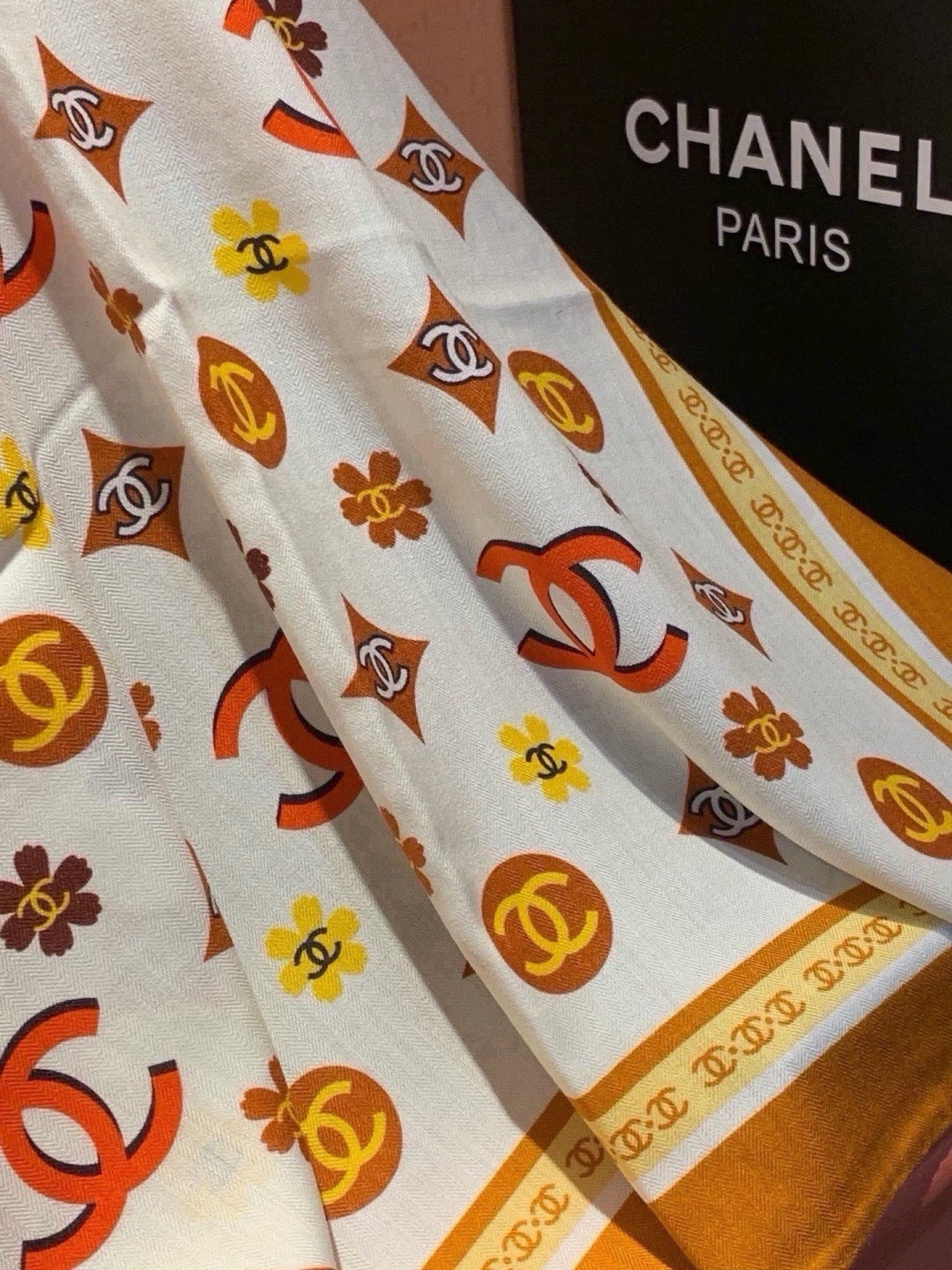 Chanel 2026 Floral Motifs Scarf 140cm Brown White Silk 213755