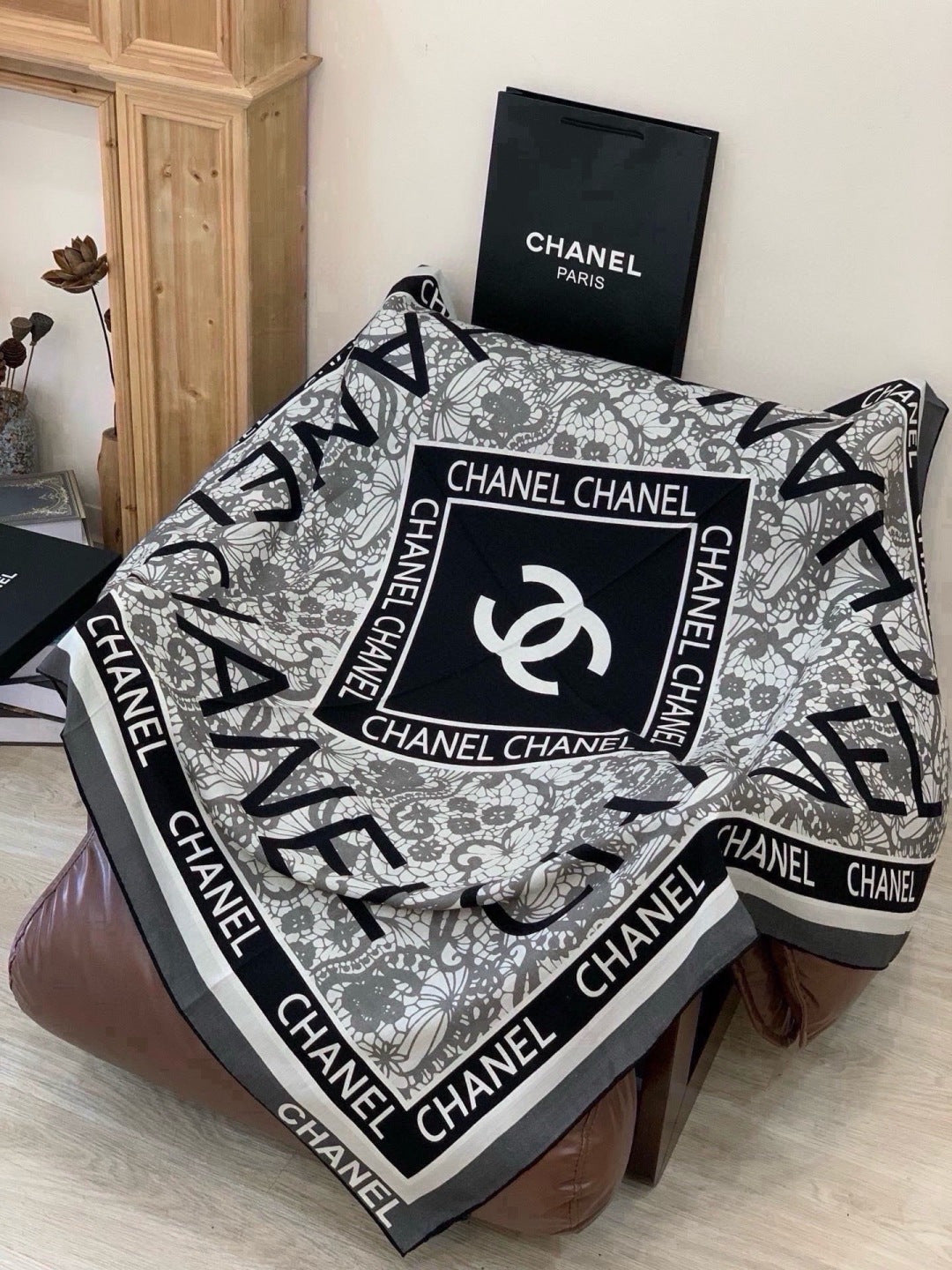 Chanel 2026 Lace Pattern Scarf 135cm Black Gray Silk And Cashmere 213767
