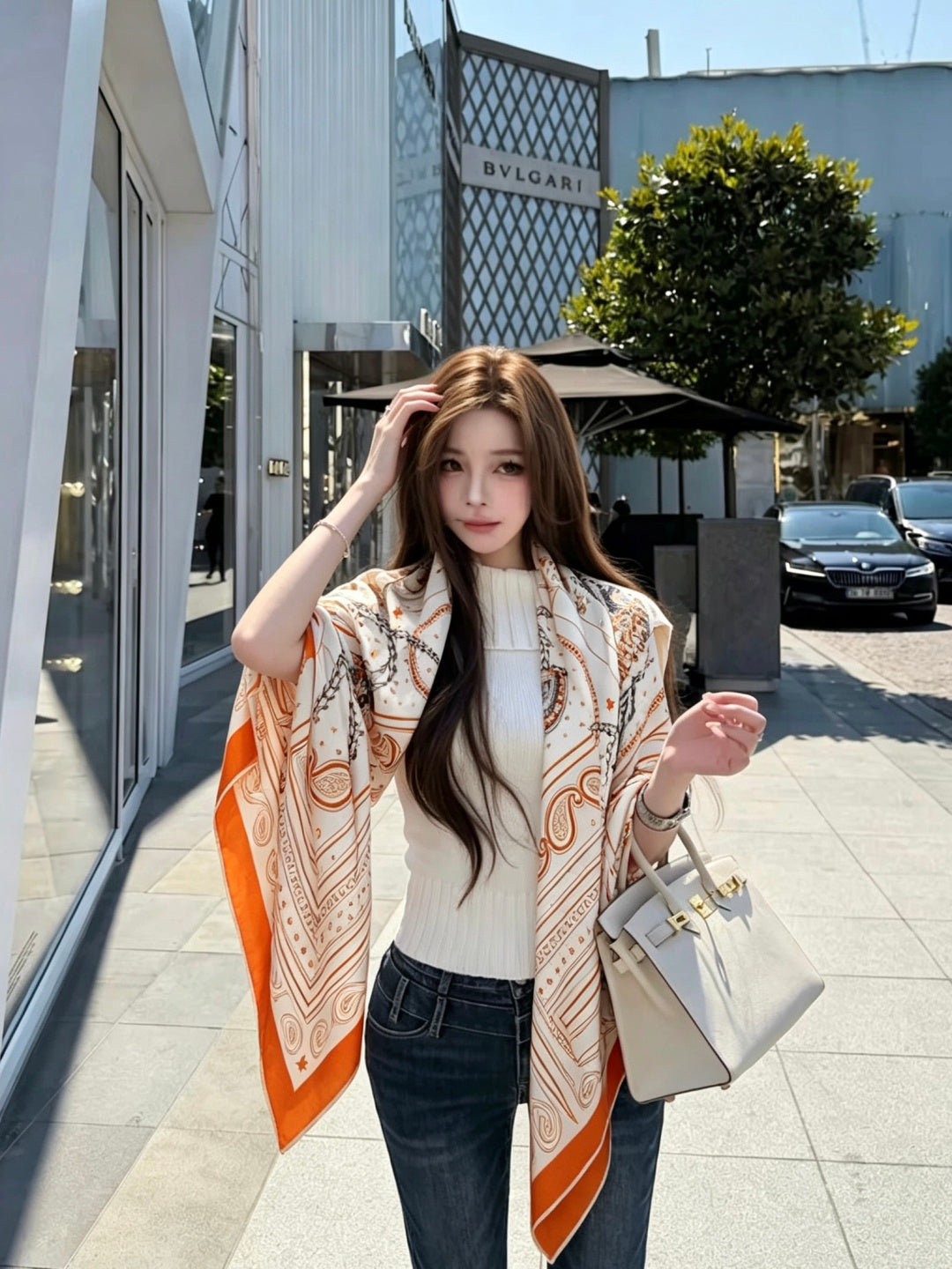 Hermès 2026 Bandana Scarf 140cm Orange Cashmere And Silk 218151