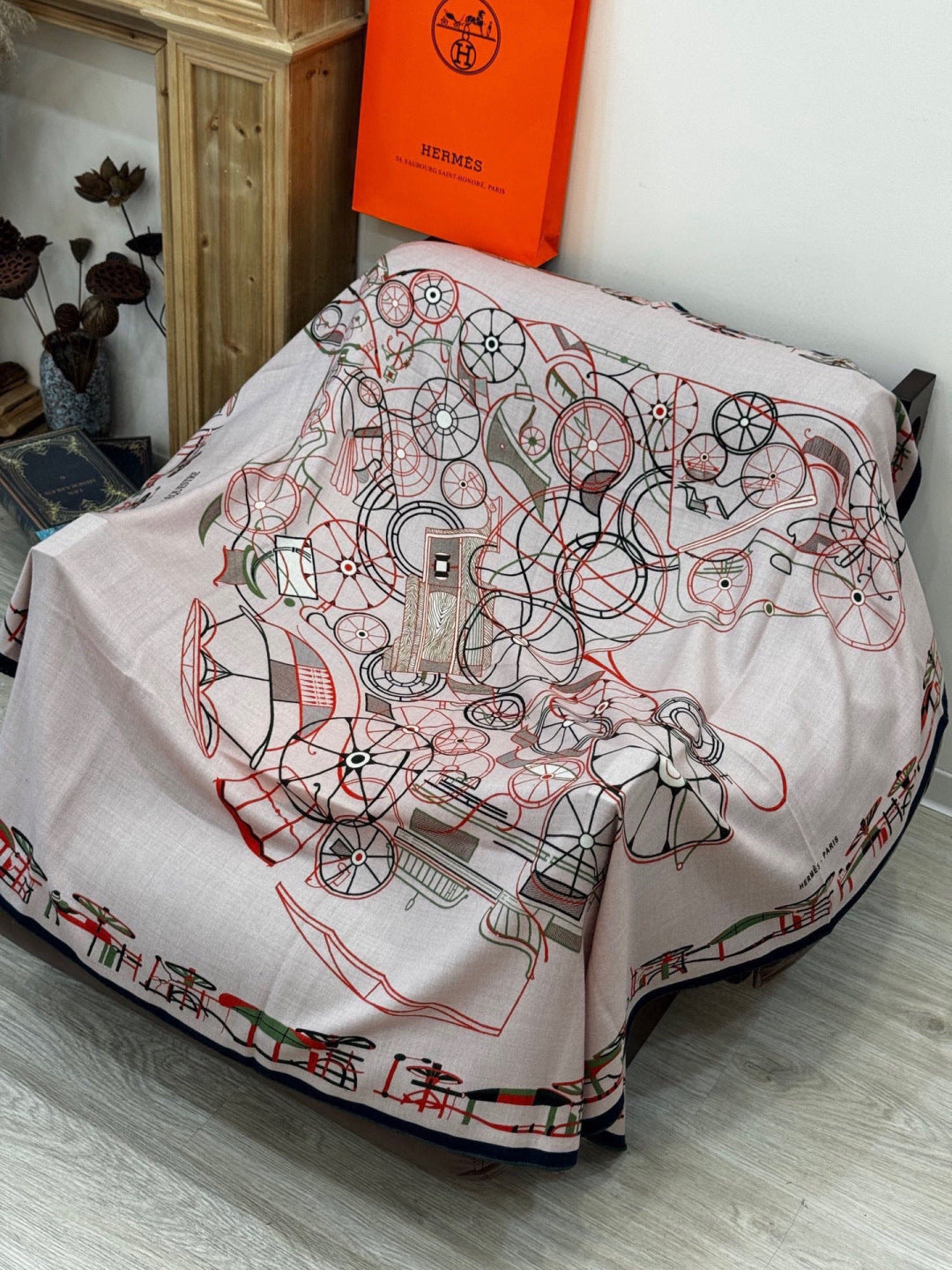 Hermès 2026 Complication Equestre Scarf 140cm Kaki Silk and Cashmere 218147
