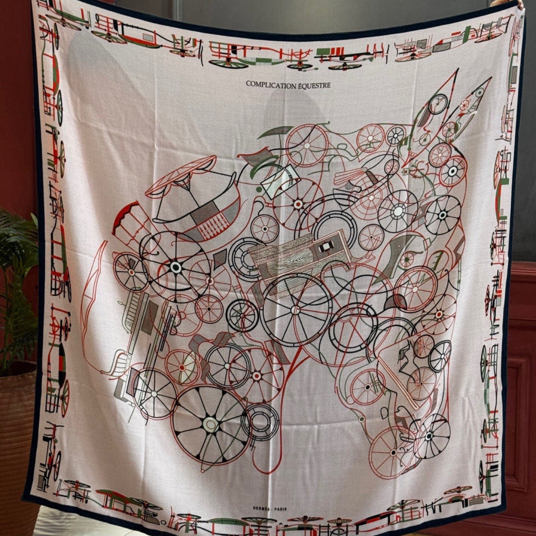 Hermès 2026 Complication Equestre Scarf 140cm Kaki Silk and Cashmere 218147