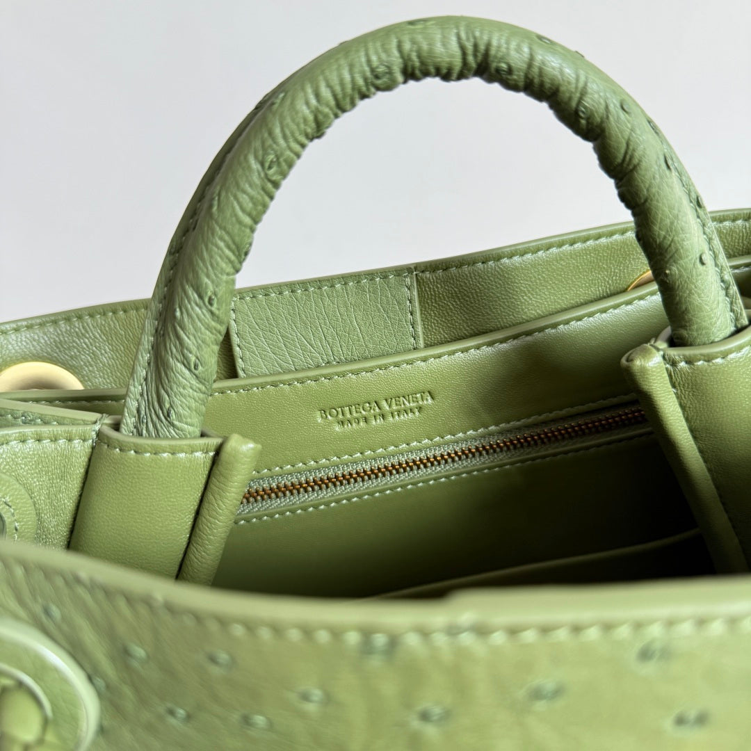 Bottega Veneta 2026 Andiamo Bag Avocado Green Ostrich Leather