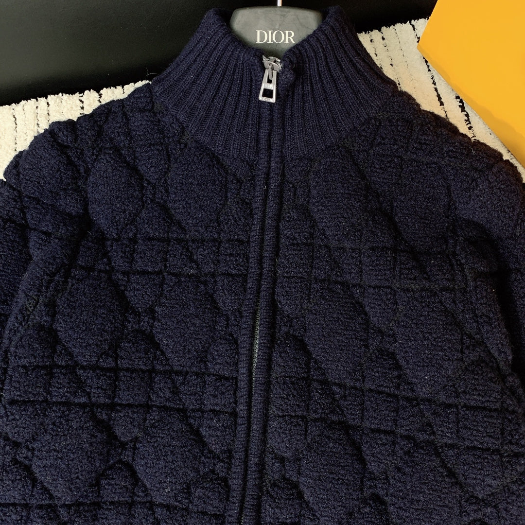 Dior 2026 Macrocannage Zipped Cardigan Navy Blue Wool 446701