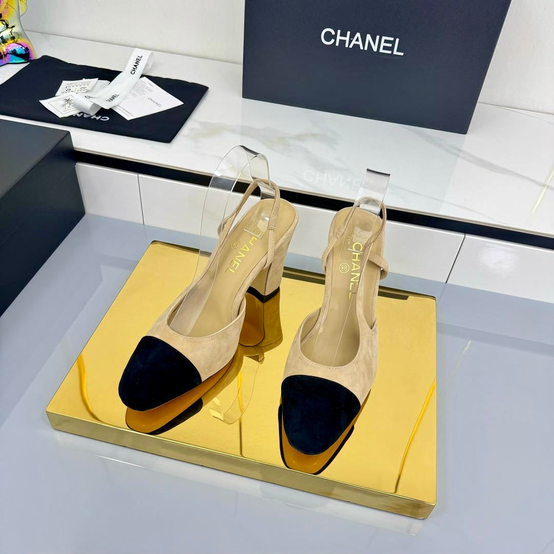 Chanel Slingback 90mm Light Beige Black Suede 469669