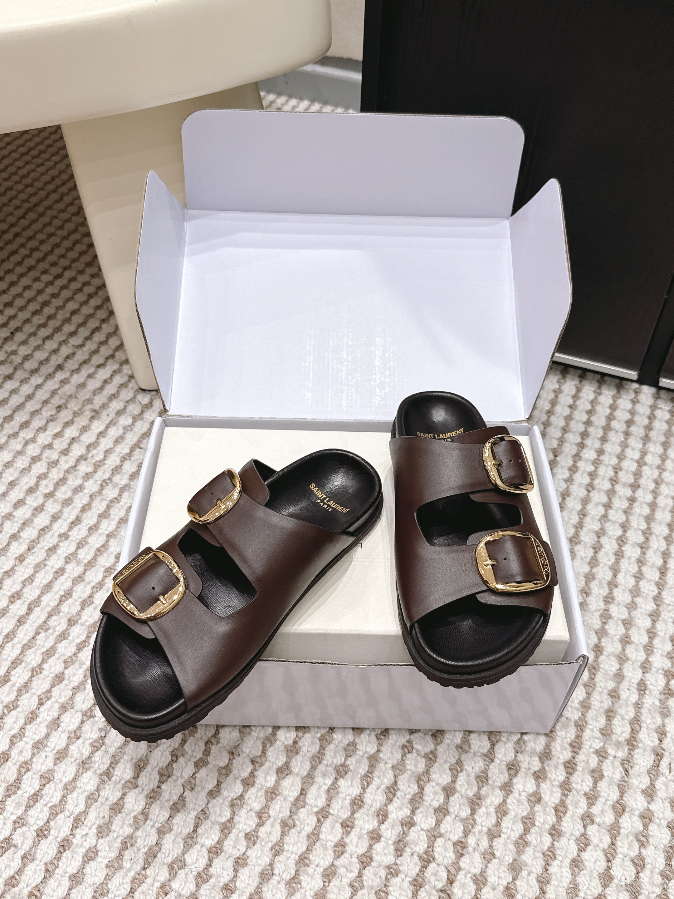 YSL 26ss Platform Slippers Black Dark Brown Sheepskin 663208