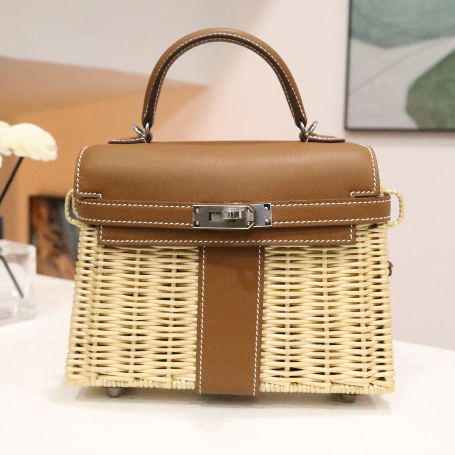 High-end Hermes 2026 Kelly Picnic Bag 20cm Golden Brown Leather/Woven Rattan