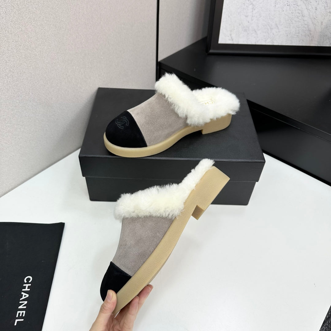CC furry mule gray black suede and wool