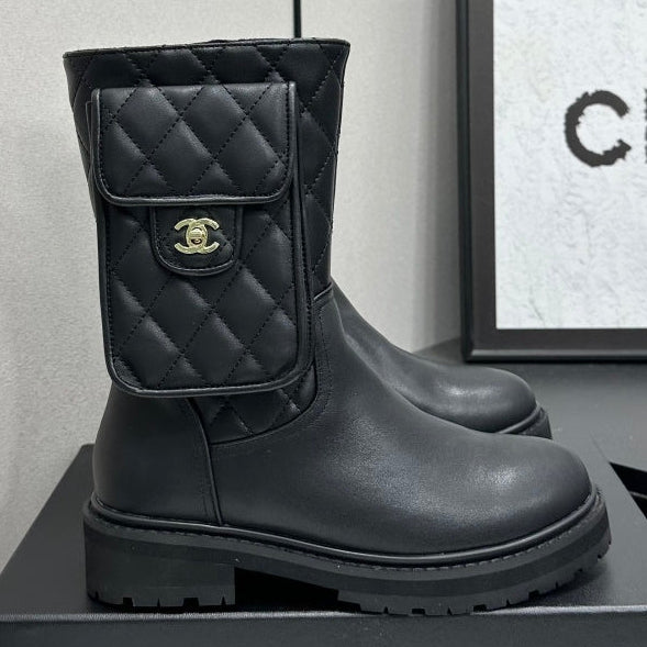 Chanel 2026 Quilted Pocket Combat Boots Black Cowhide 985931