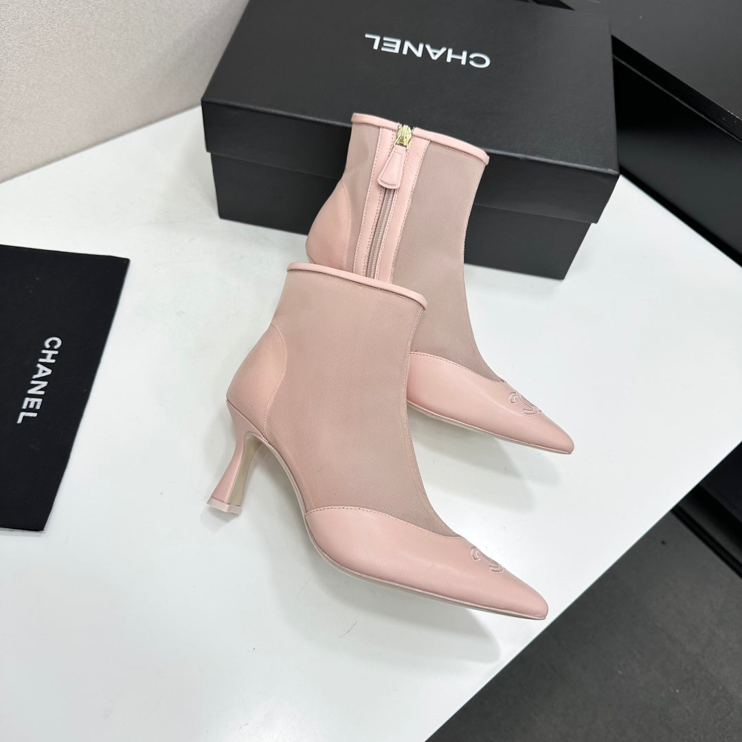 Chanel 2026 Pointed Toe Ankle Boots 80mm Mesh Suede Cowhide 985779