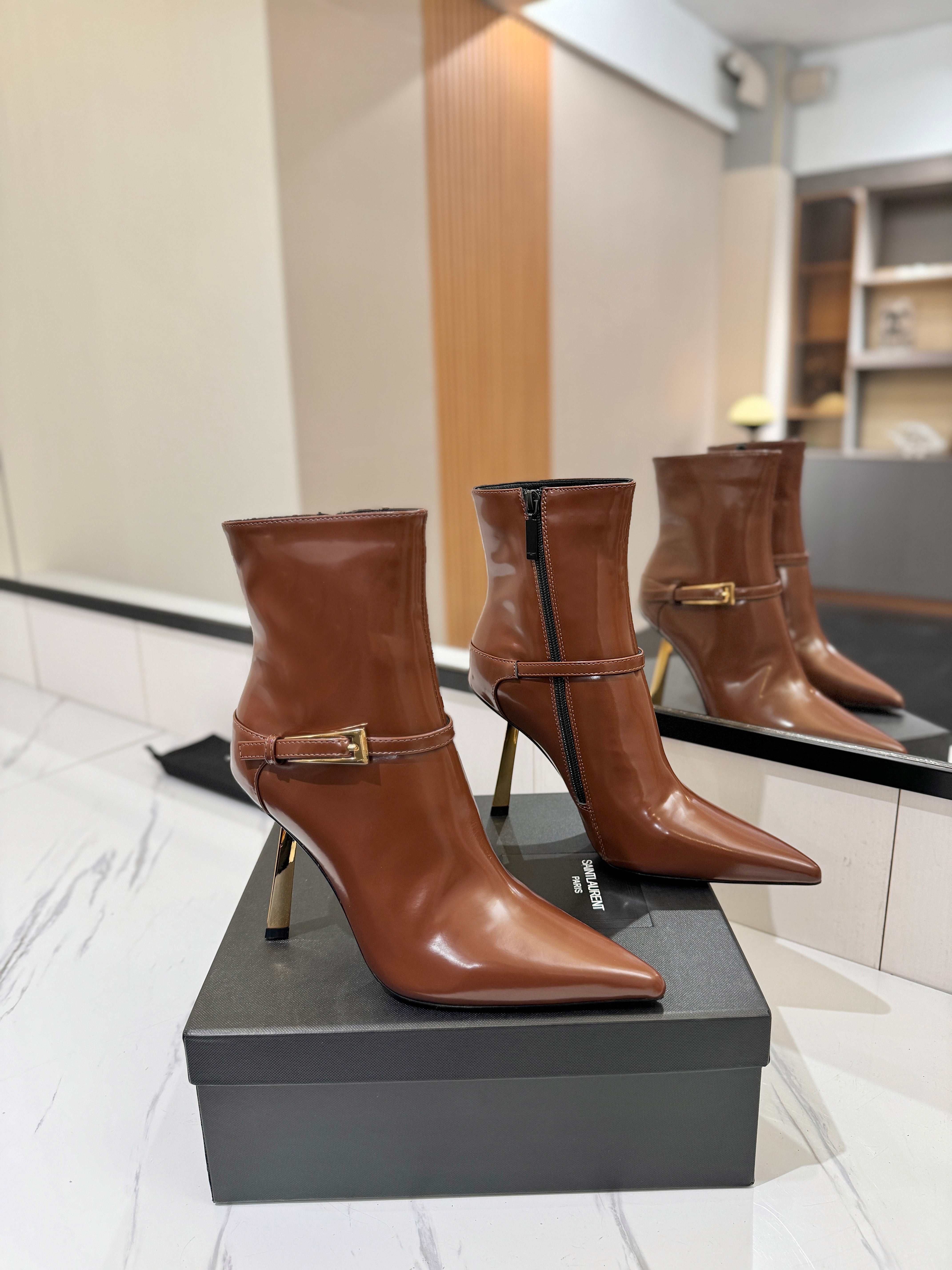 YSL 25 Metal Stiletto Martin Boots Brown Gold Cowhide 520780