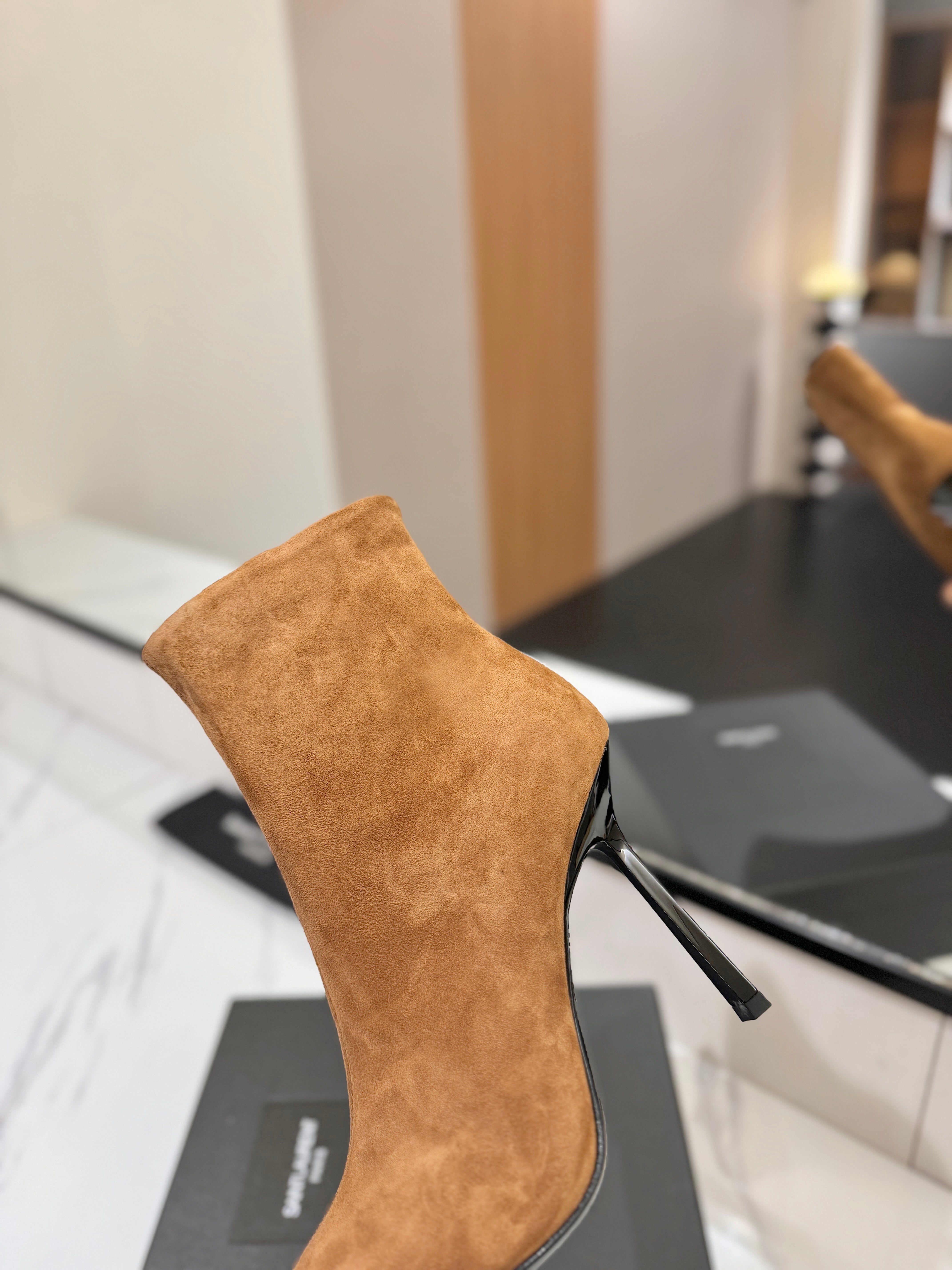 YSL 25 Metal Toe Short Boot Brown Gold Suede 520786