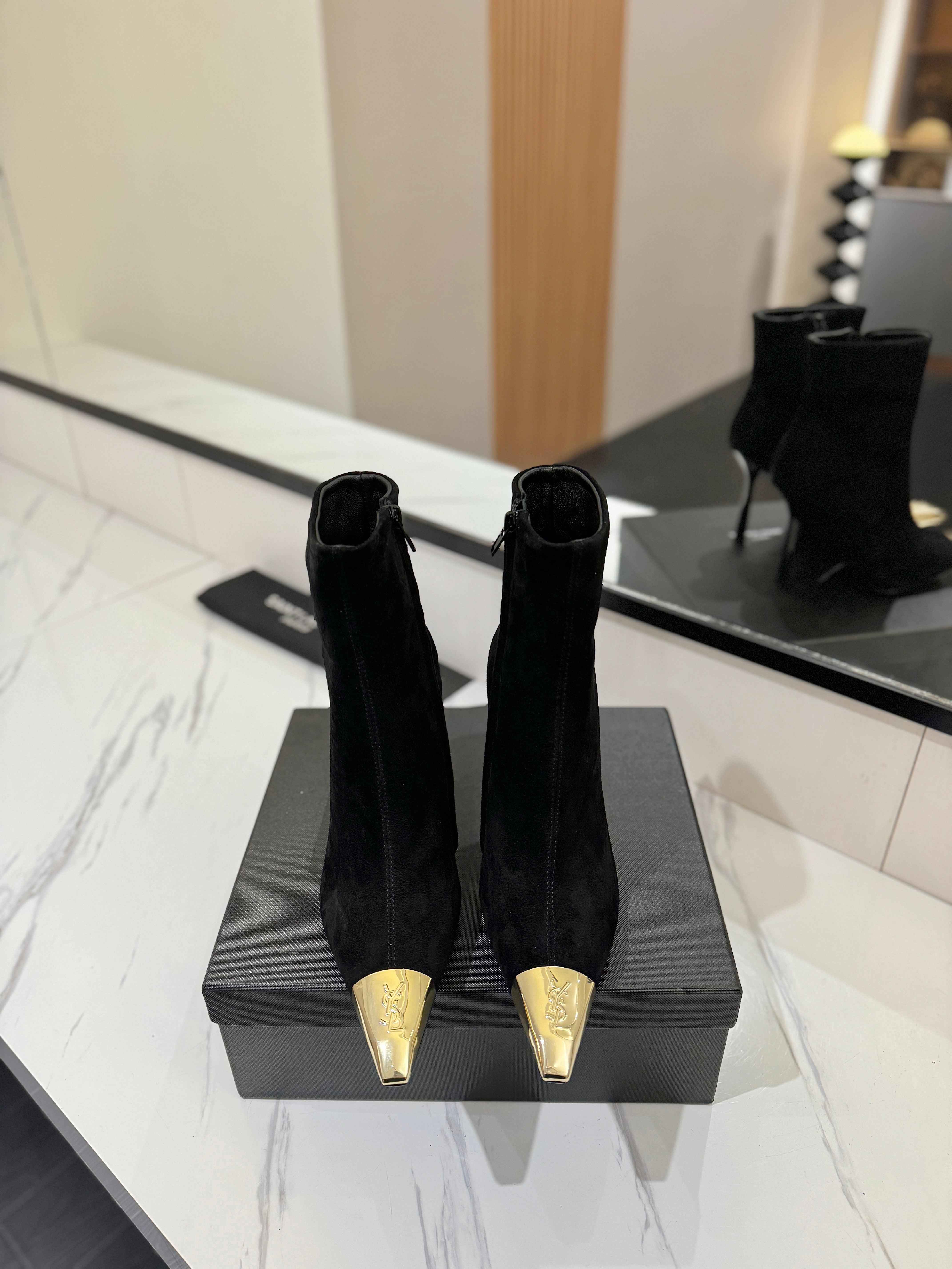 YSL 25 Metal Toe Short Boot Black Gold Suede 520787