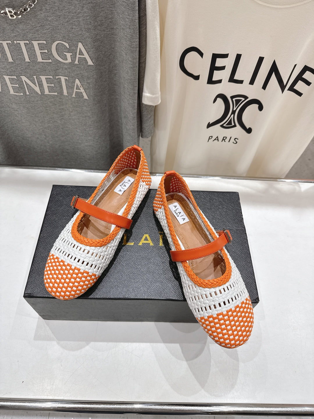 ALAIA MARY JANE FLATS WHITE MIX ORANGE WOVEN CALFSKIN PATTERN