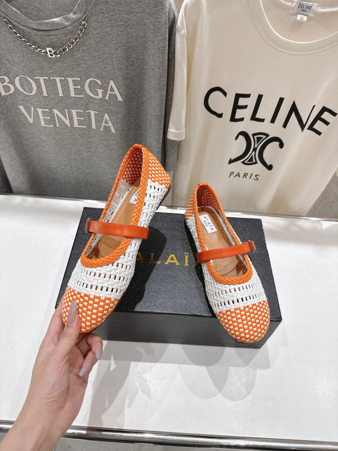 ALAIA MARY JANE FLATS WHITE MIX ORANGE WOVEN CALFSKIN PATTERN