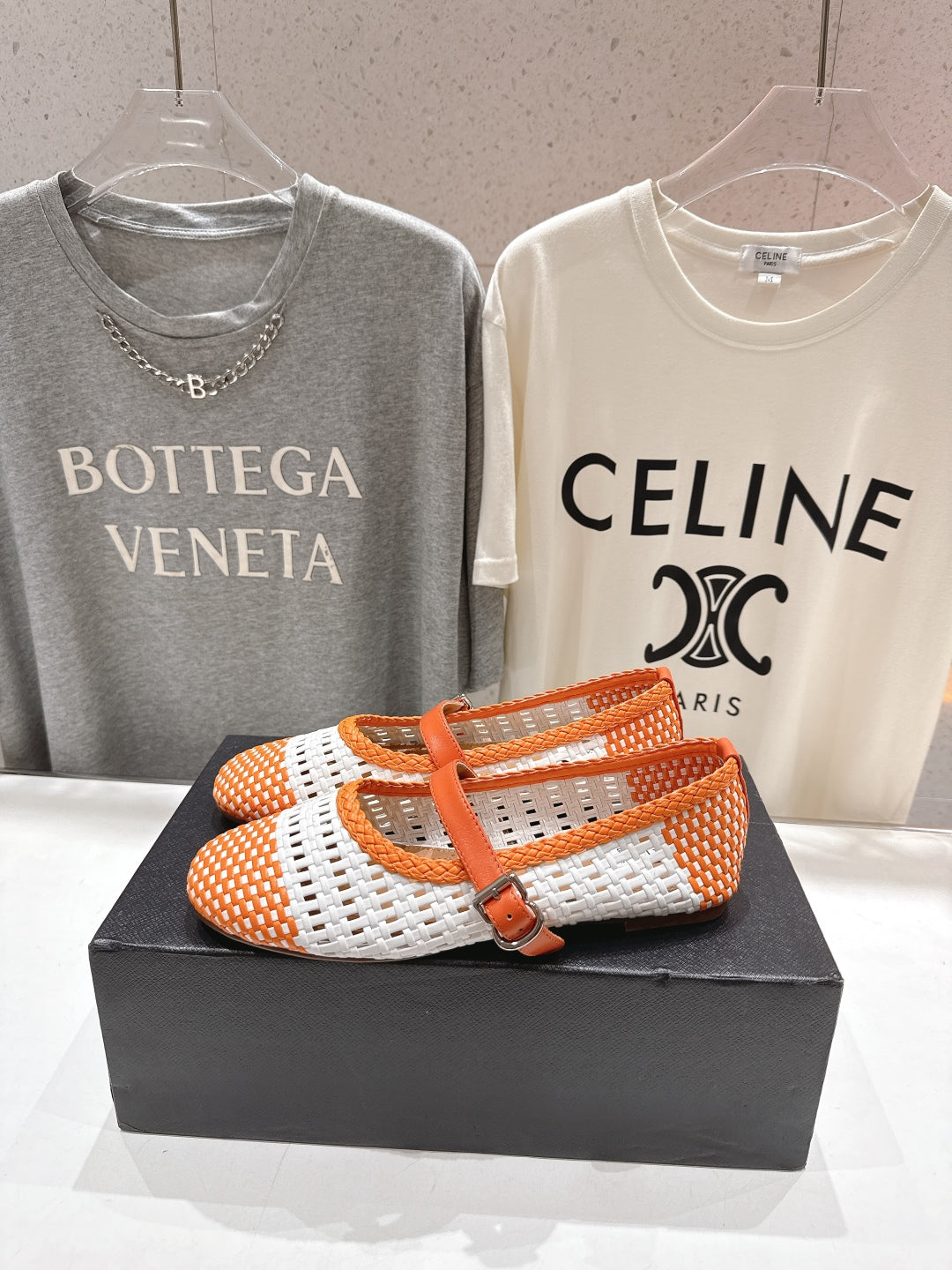 ALAIA MARY JANE FLATS WHITE MIX ORANGE WOVEN CALFSKIN PATTERN