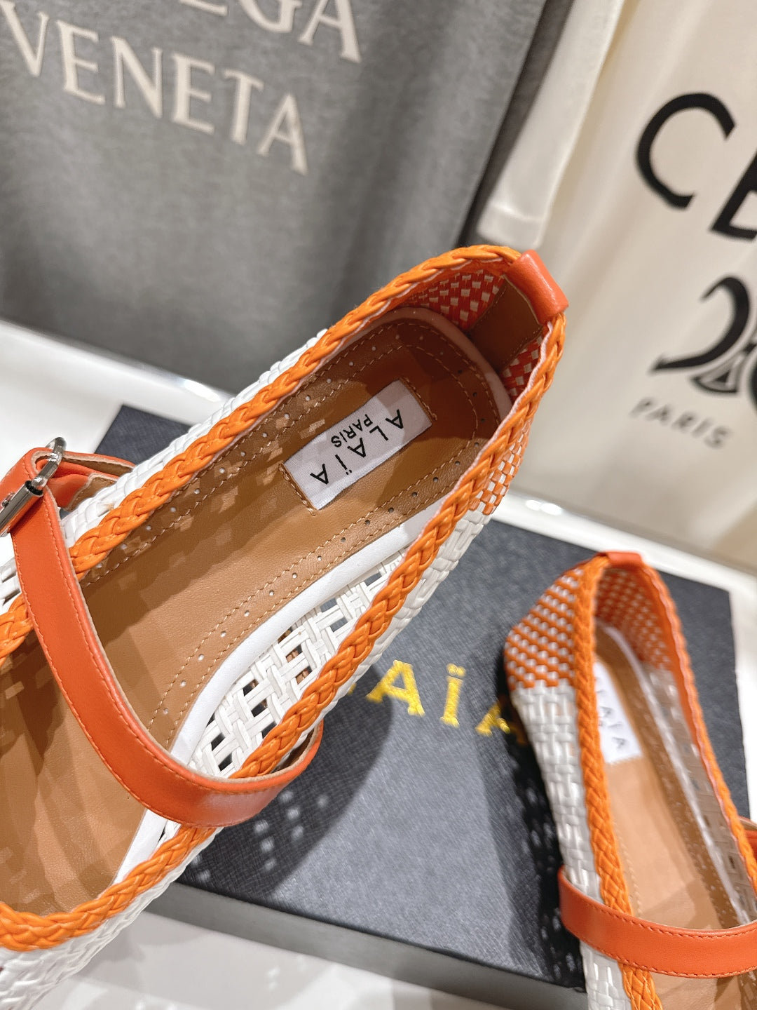ALAIA MARY JANE FLATS WHITE MIX ORANGE WOVEN CALFSKIN PATTERN