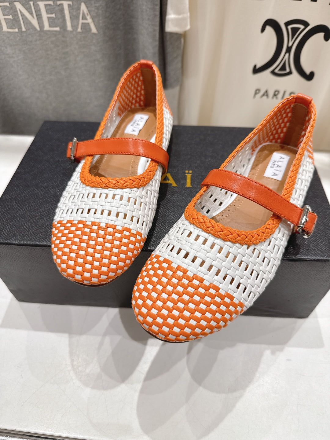 ALAIA MARY JANE FLATS WHITE MIX ORANGE WOVEN CALFSKIN PATTERN