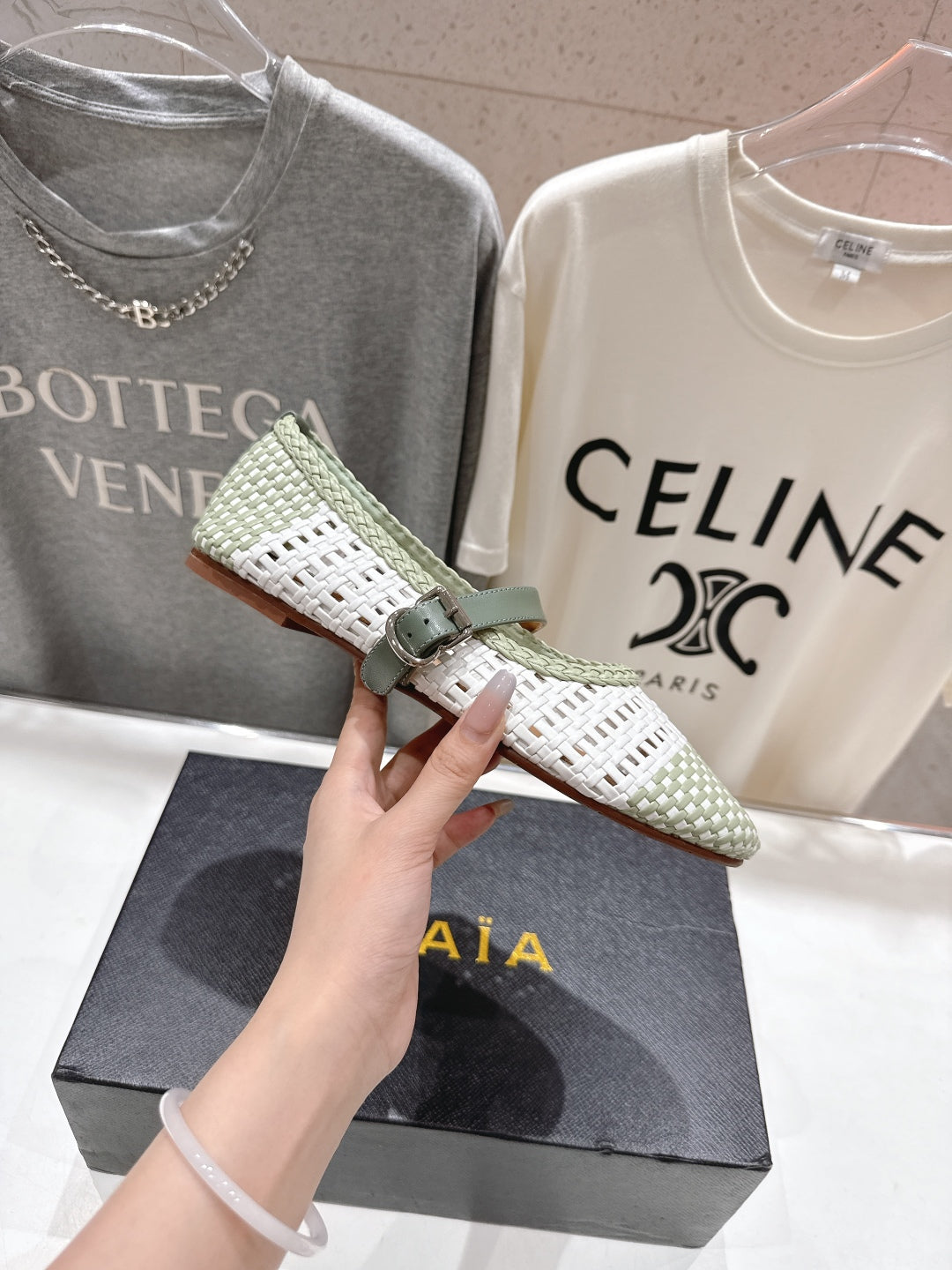 ALAIA MARY JANE FLATS soft green and white woven calfskin pattent