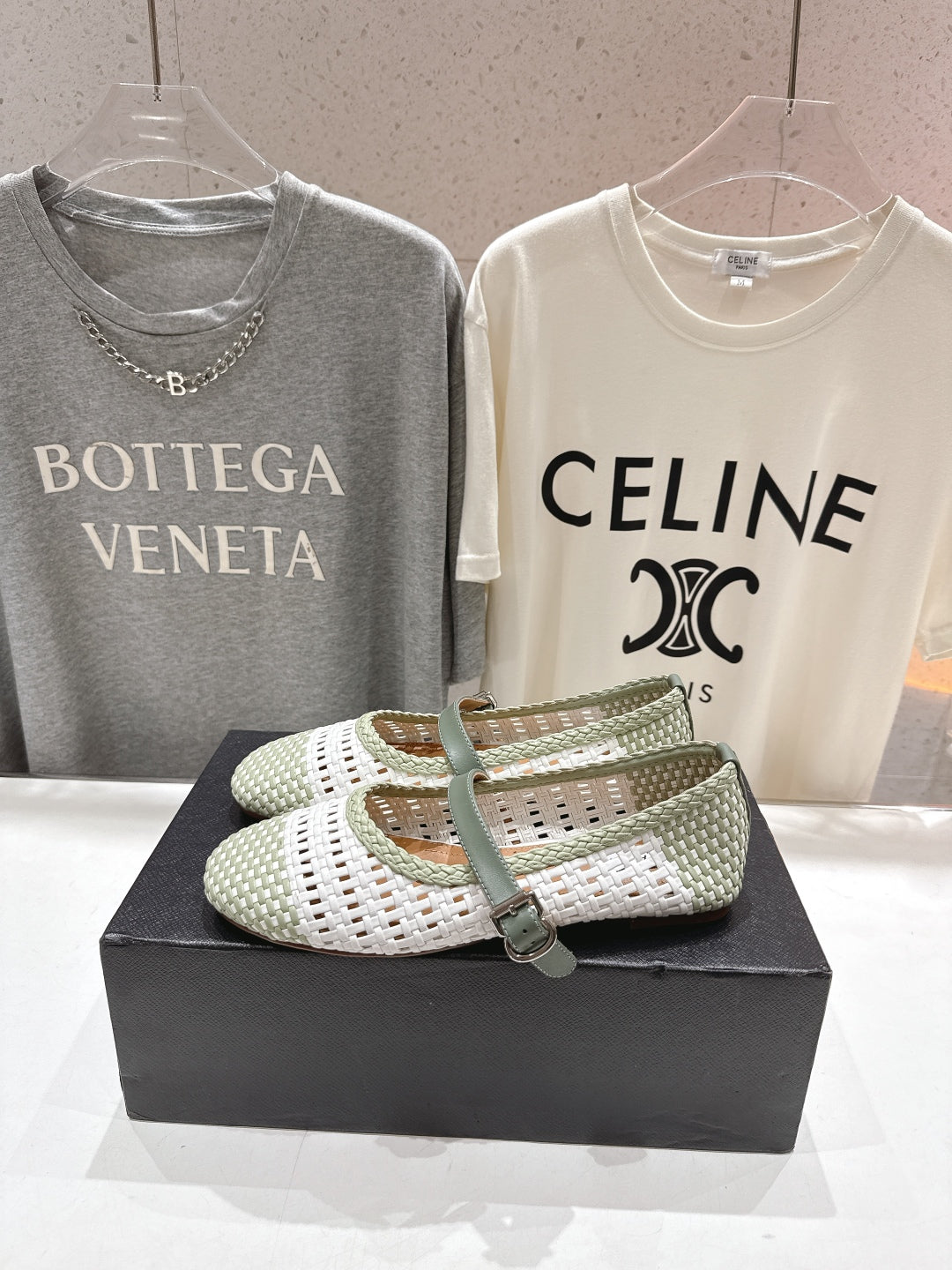 ALAIA MARY JANE FLATS soft green and white woven calfskin pattent