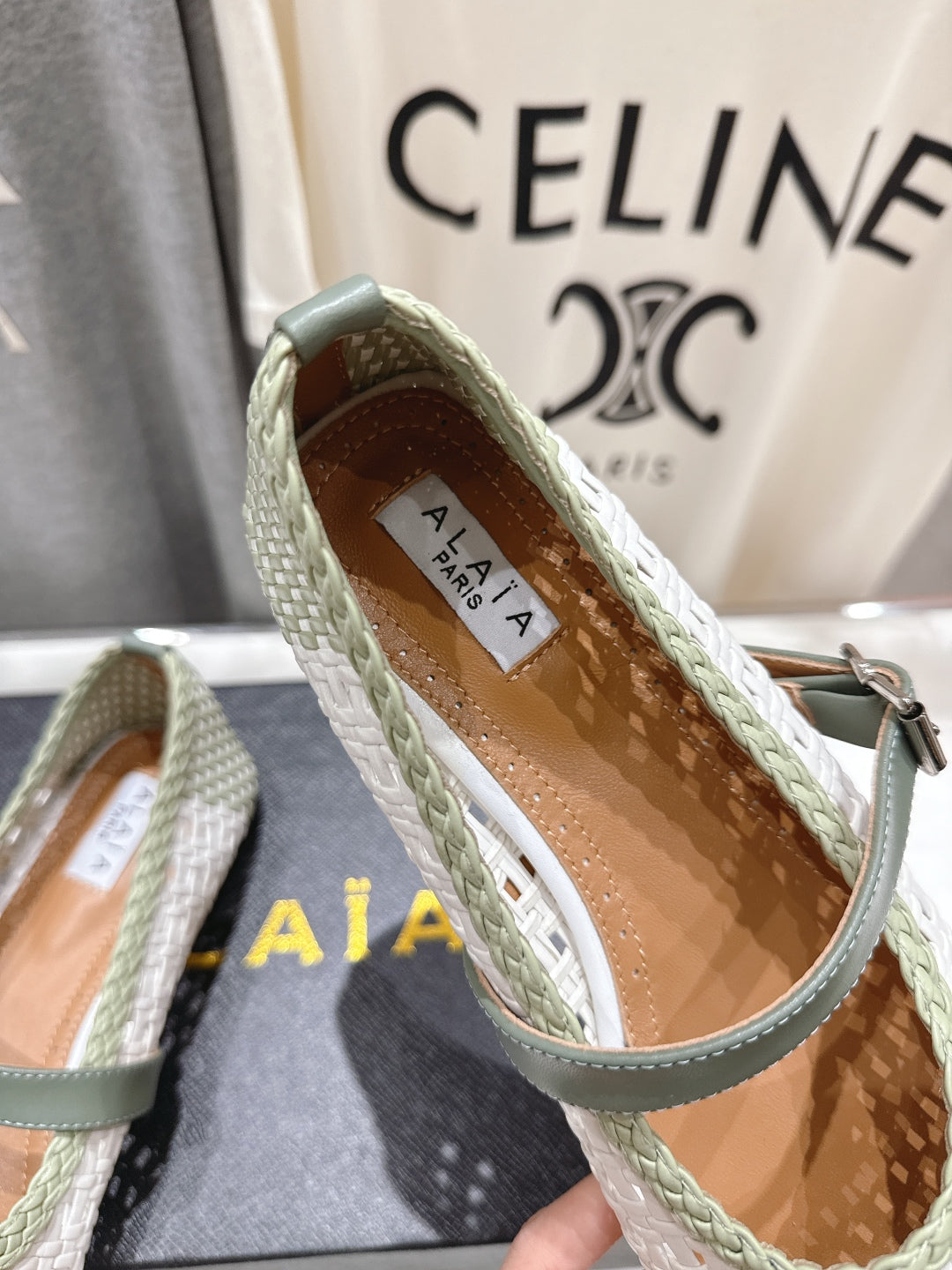 ALAIA MARY JANE FLATS soft green and white woven calfskin pattent