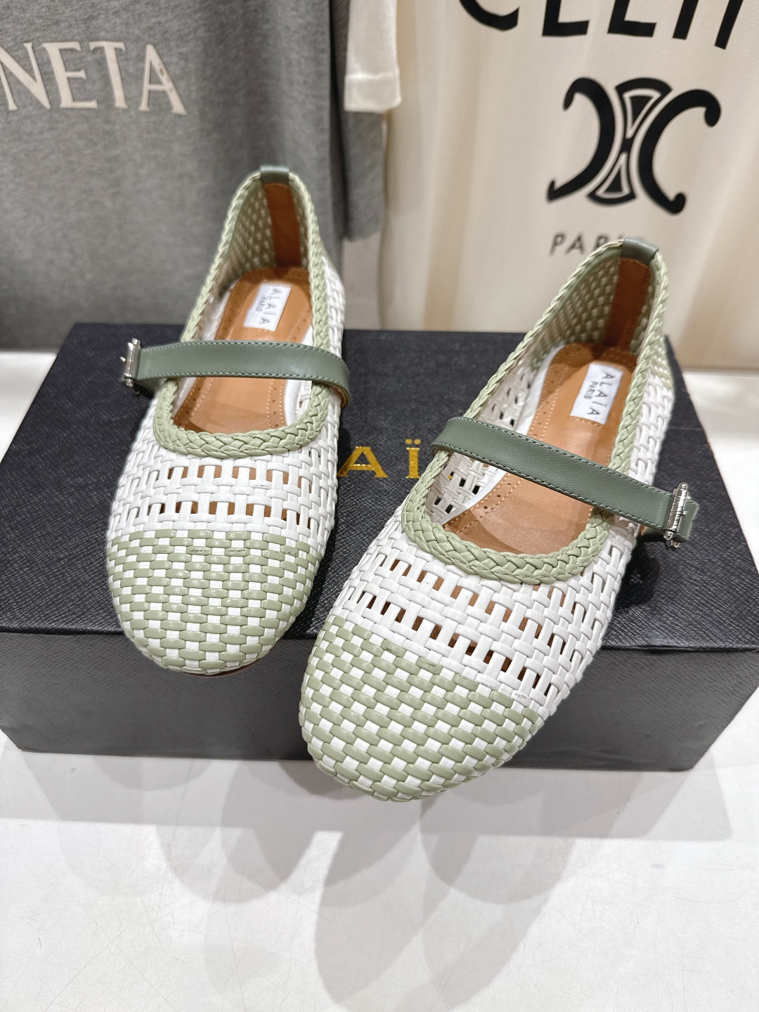 ALAIA MARY JANE FLATS soft green and white woven calfskin pattent