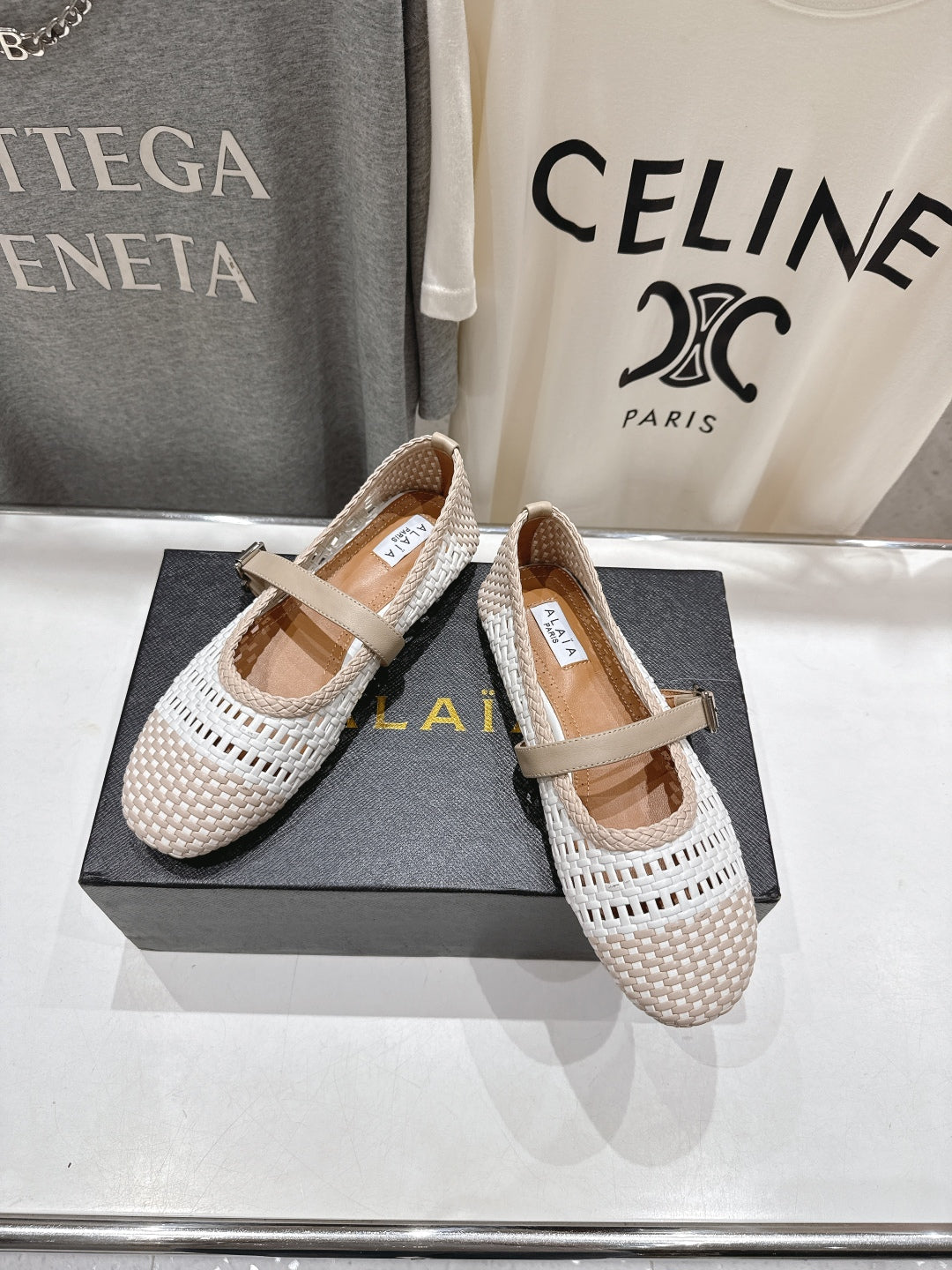 ALAIA MARY JANE FLATS white mix beige woven calfskin pattent
