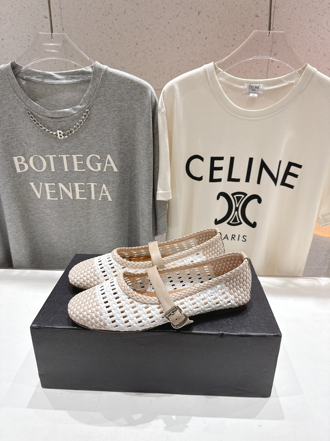 ALAIA MARY JANE FLATS white mix beige woven calfskin pattent