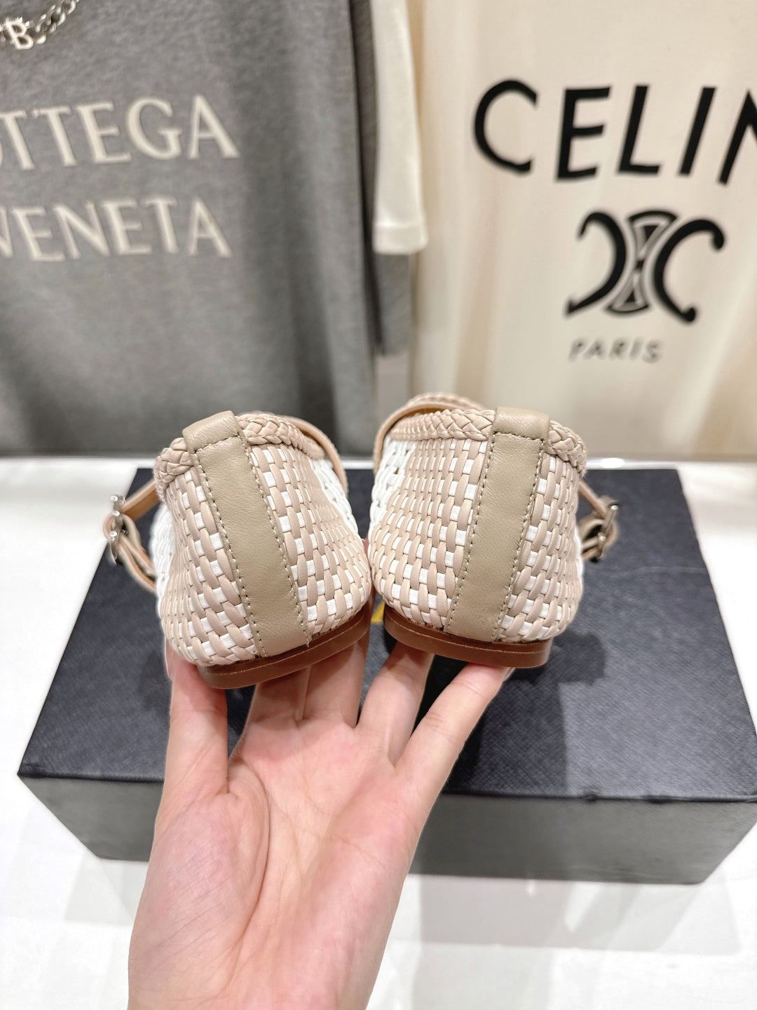 ALAIA MARY JANE FLATS white mix beige woven calfskin pattent