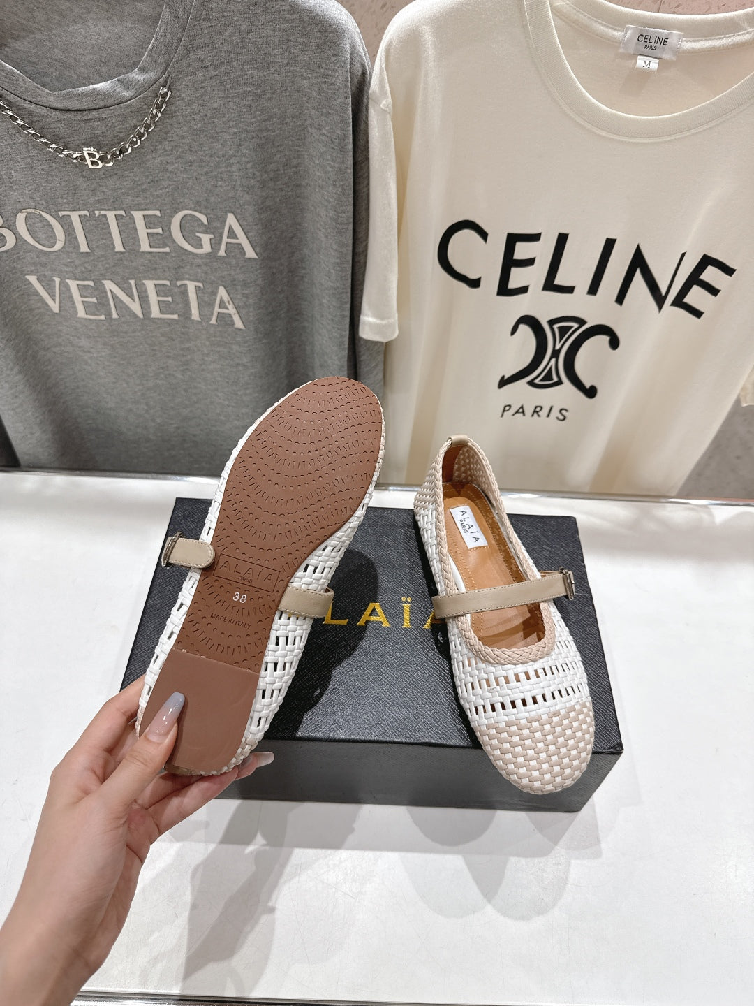 ALAIA MARY JANE FLATS white mix beige woven calfskin pattent