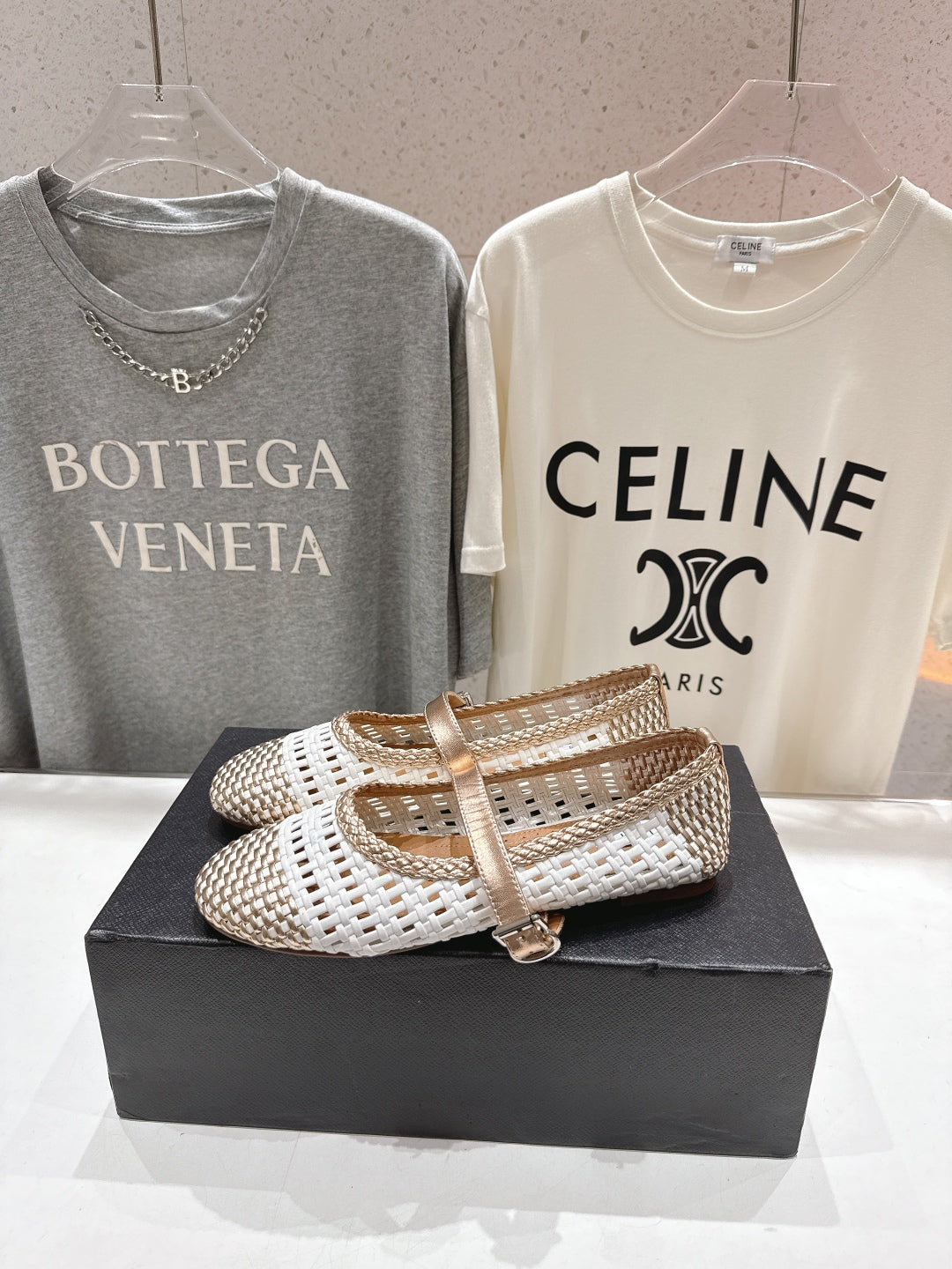 ALAIA MARY JANE FLATS white mix metallic champagne gold woven calfskin pattent