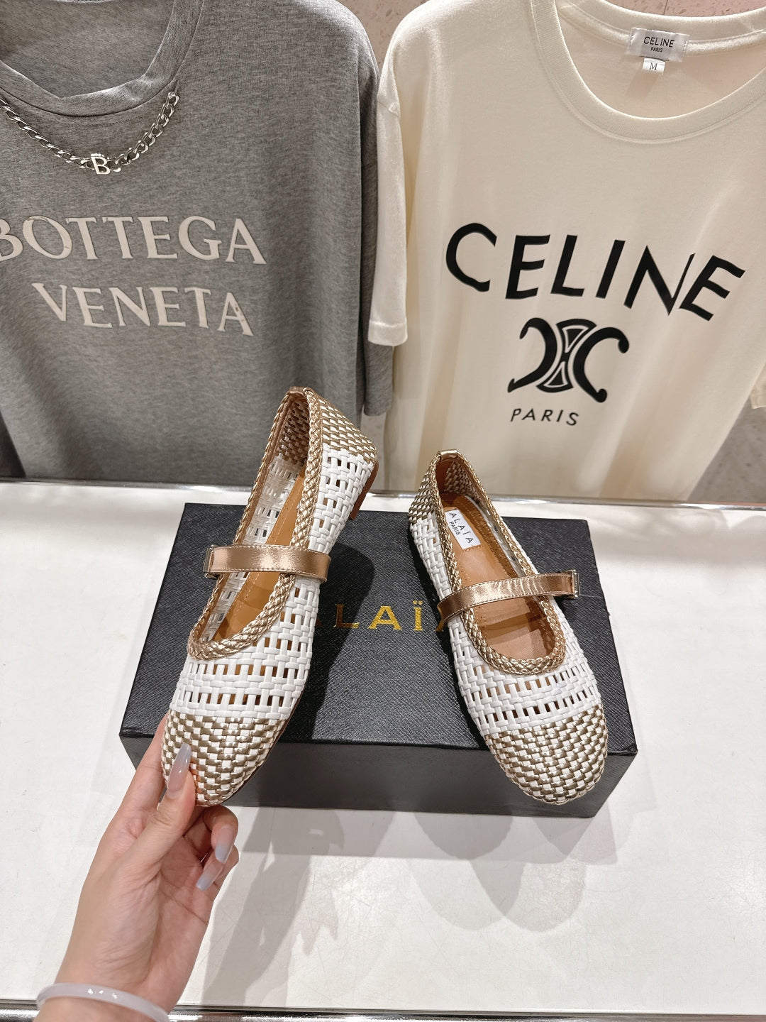 ALAIA MARY JANE FLATS white mix metallic champagne gold woven calfskin pattent