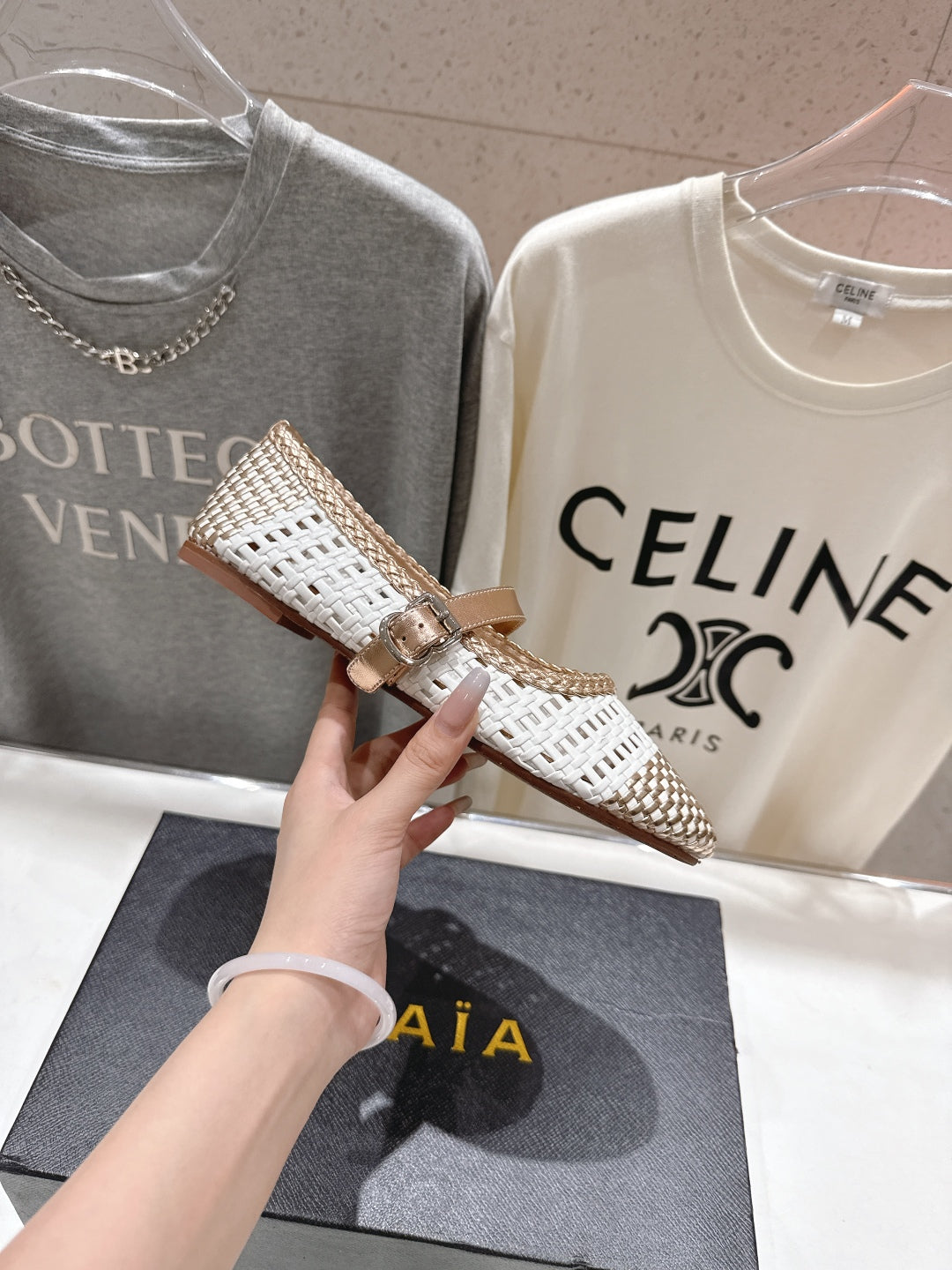 ALAIA MARY JANE FLATS white mix metallic champagne gold woven calfskin pattent