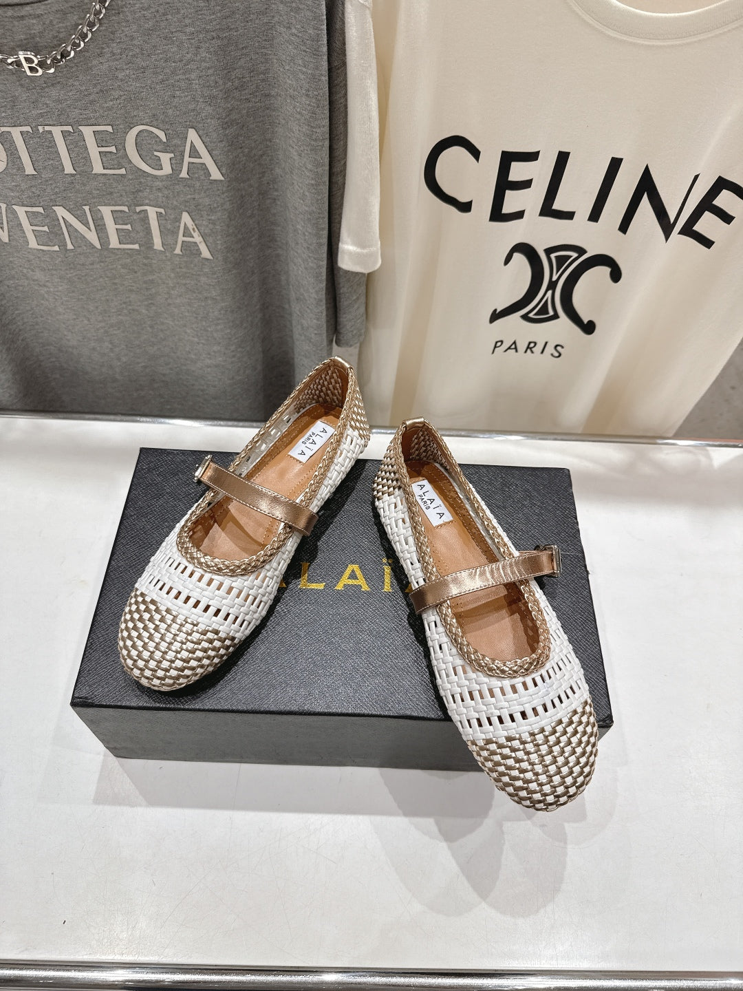 ALAIA MARY JANE FLATS white mix metallic champagne gold woven calfskin pattent