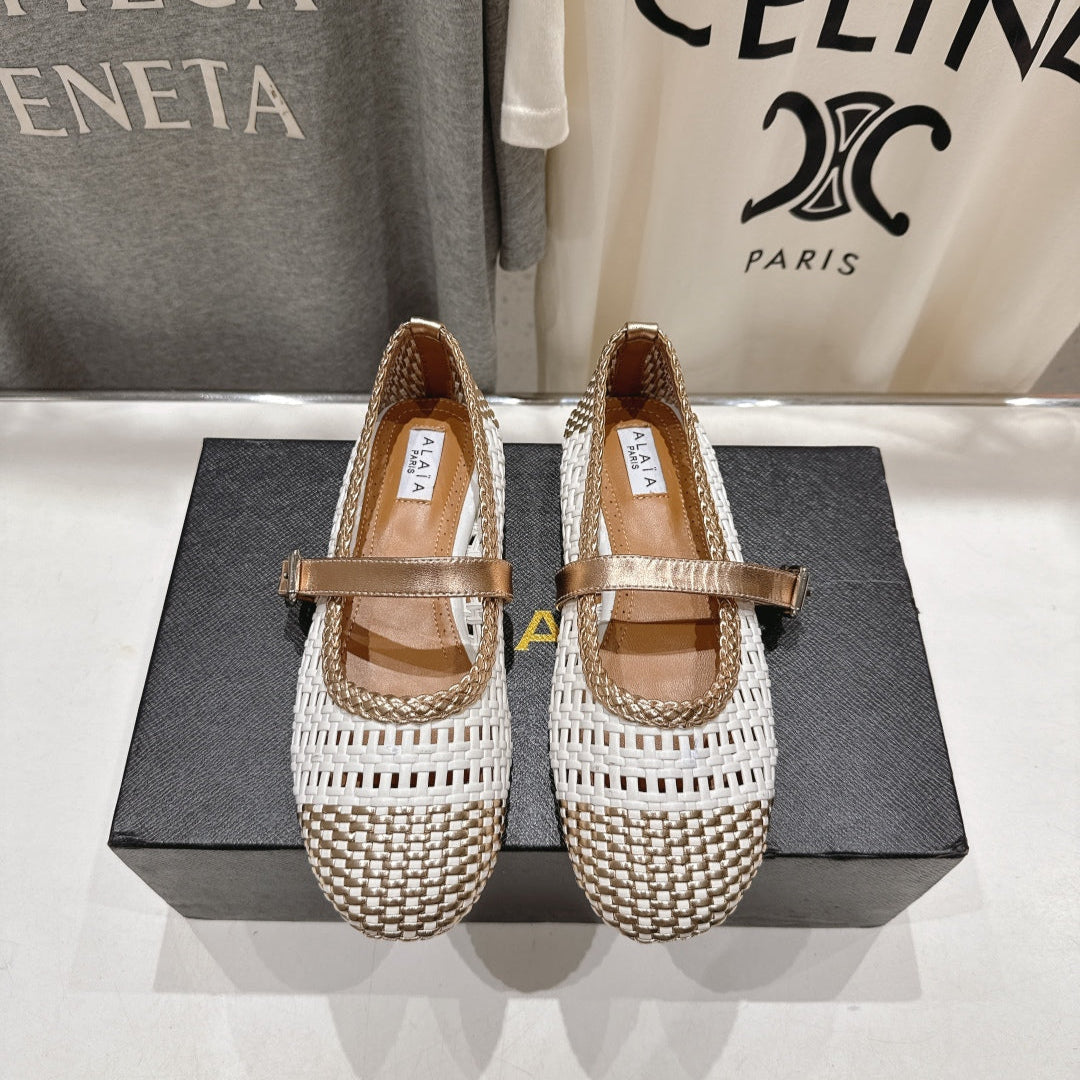 ALAIA MARY JANE FLATS white mix metallic champagne gold woven calfskin pattent