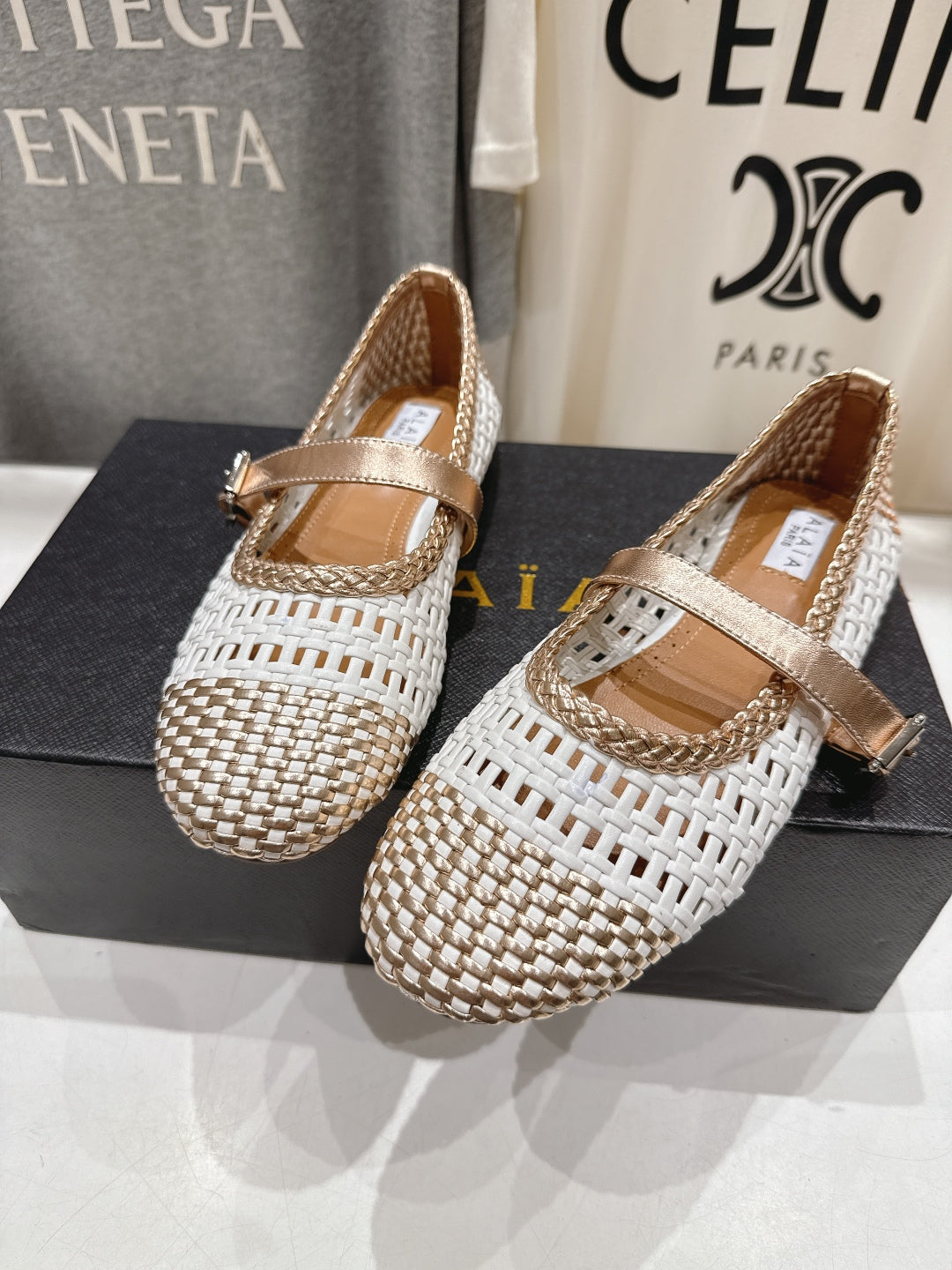 ALAIA MARY JANE FLATS white mix metallic champagne gold woven calfskin pattent
