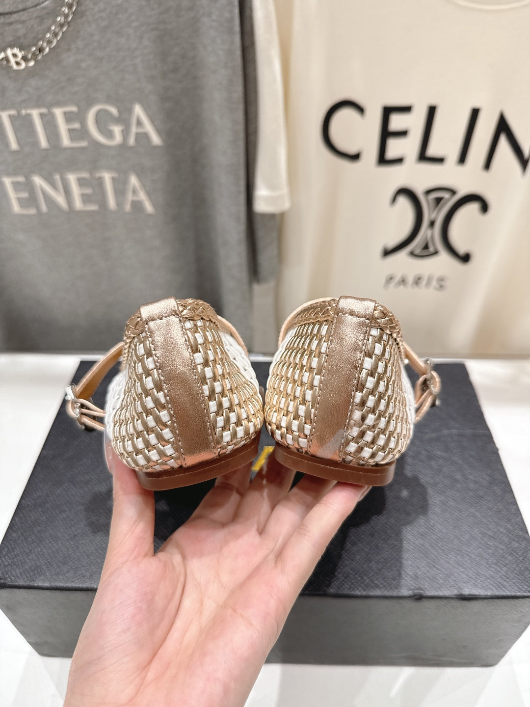 ALAIA MARY JANE FLATS white mix metallic champagne gold woven calfskin pattent