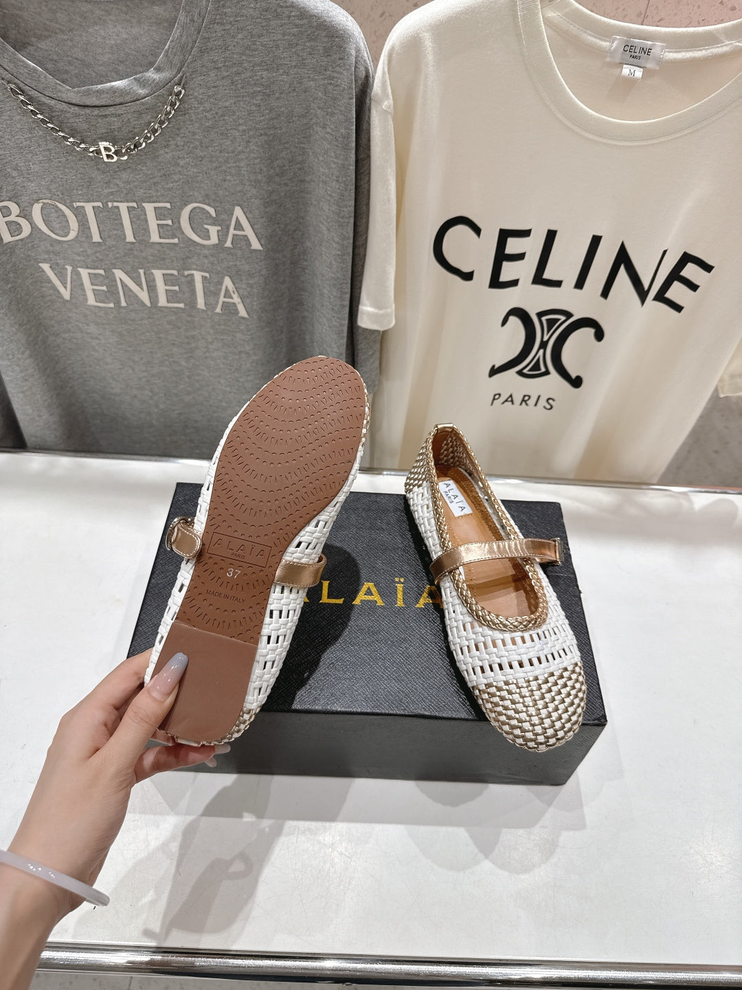 ALAIA MARY JANE FLATS white mix metallic champagne gold woven calfskin pattent