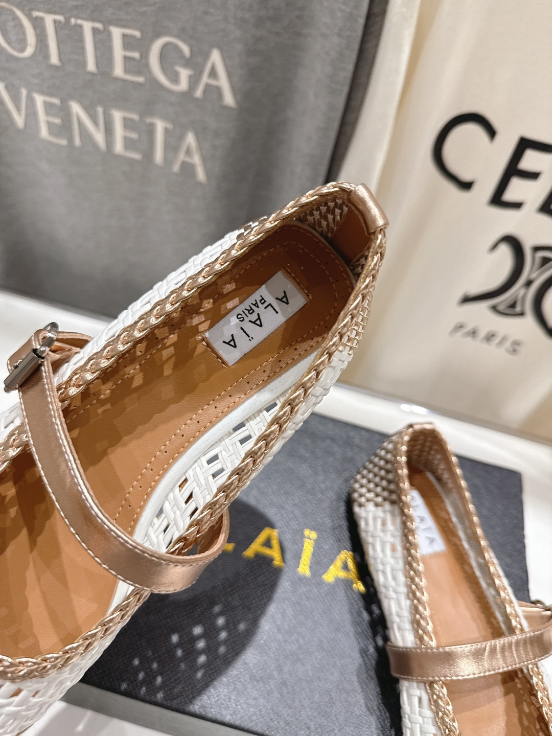 ALAIA MARY JANE FLATS white mix metallic champagne gold woven calfskin pattent
