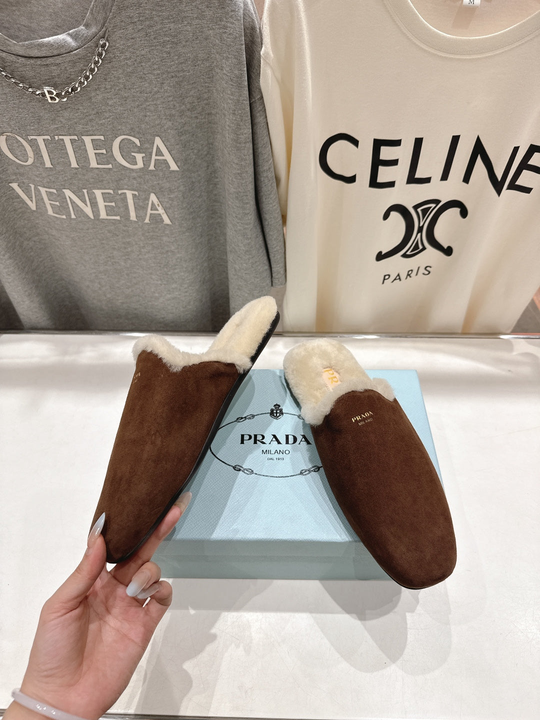 Prada 25s Furry Slippers Brown Suede And Wool 535491